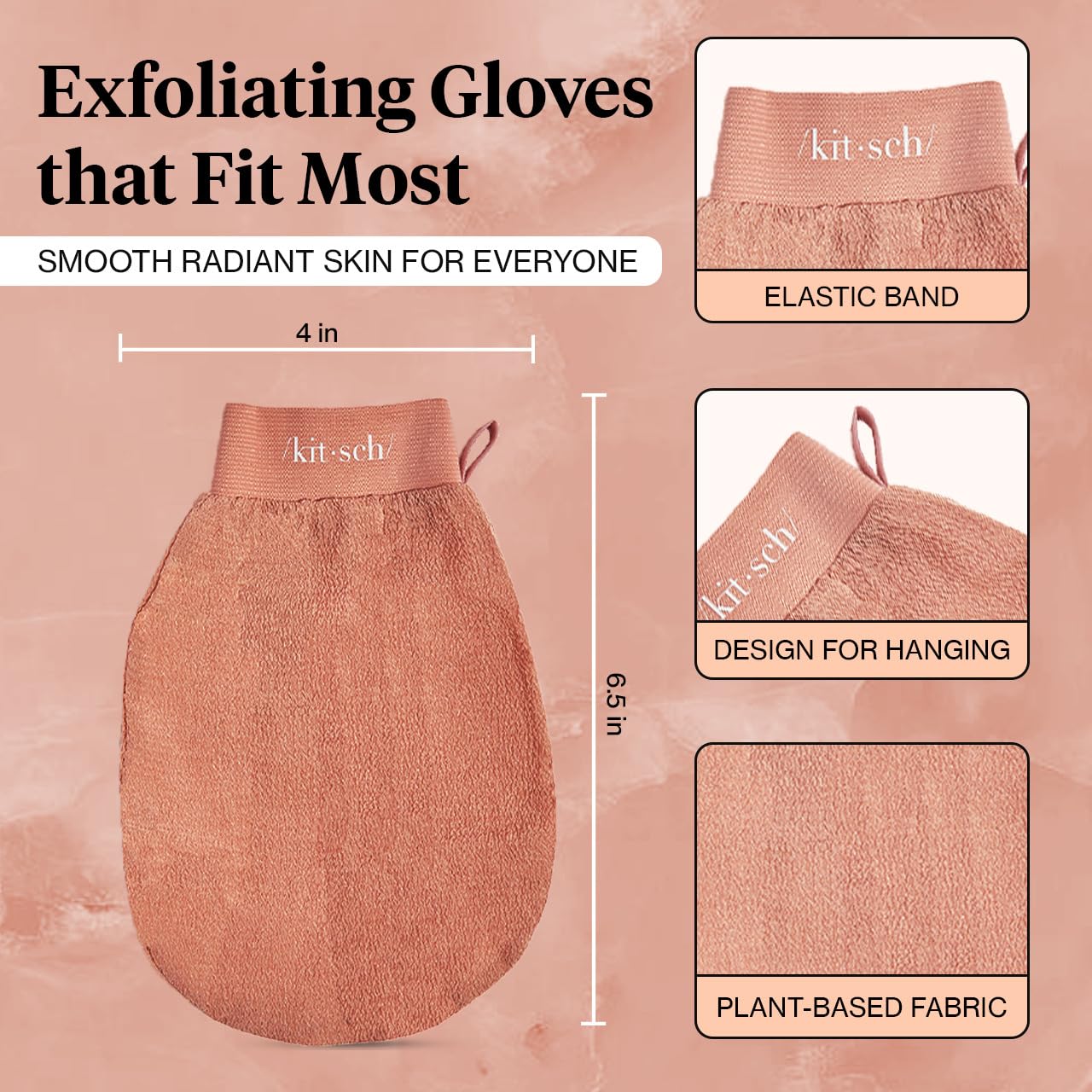 Kitsch Deep Exfoliating Glove, Eco Friendly Exfoliating Body Scrubber, Dead Skin Remover and Body Scrub Mitt for Skin Cell Renewal, for Shower and Bath, Black & Terracotta - 2pcs