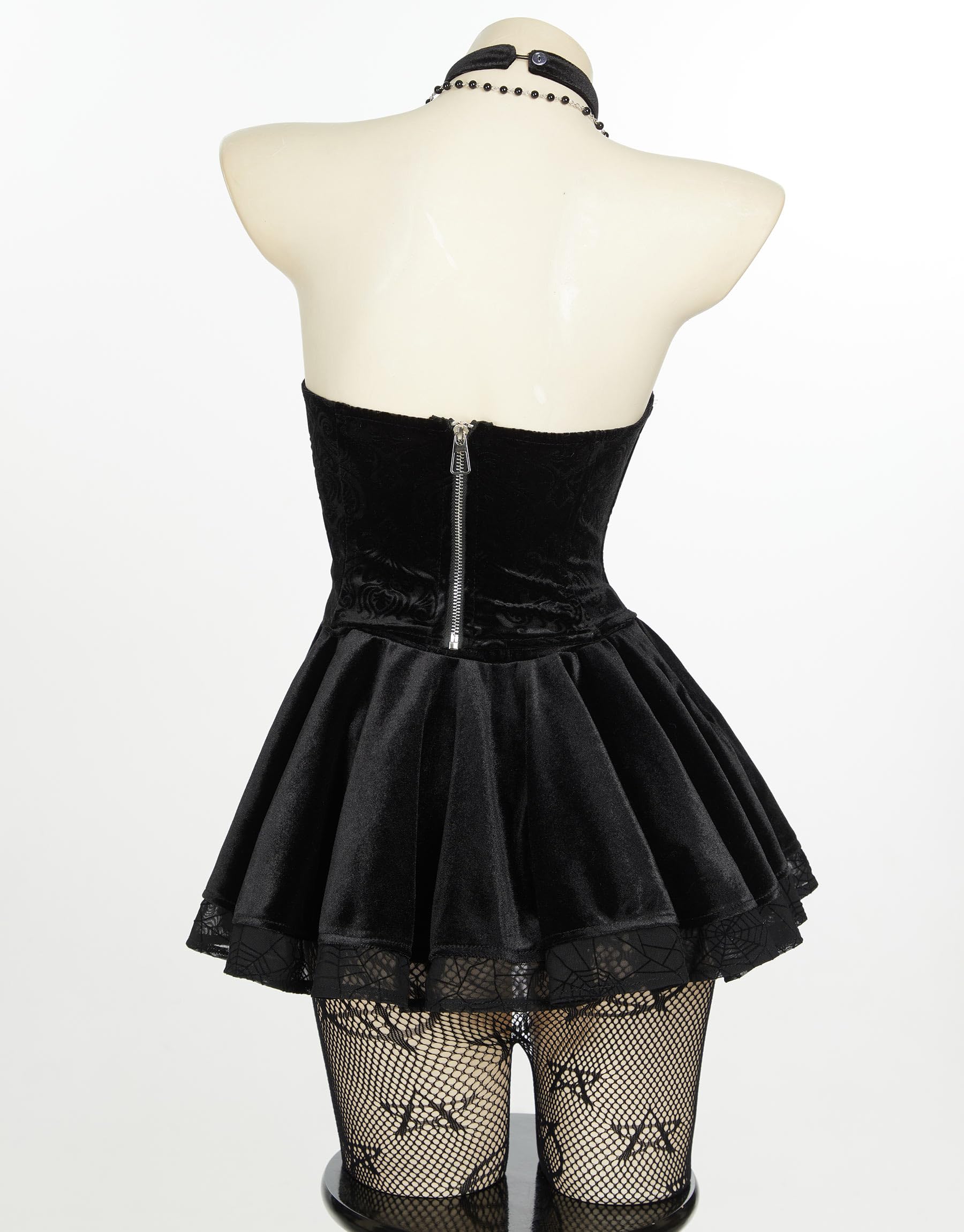 MEOWCOS Corset Top Skirt Set Gothic Halloween Casual Party Dress Lace-up Top Skirt with Net Stockings and Sleeves