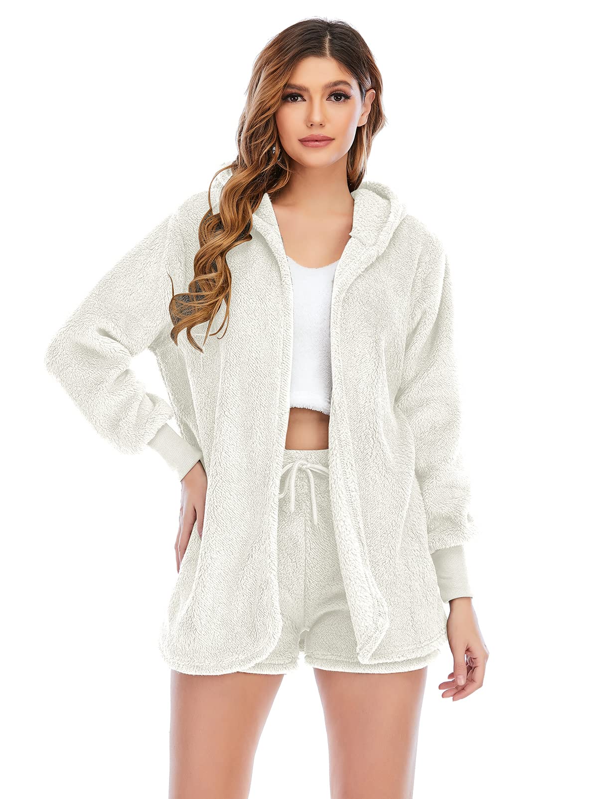 Famnbro Women's Sexy Fuzzy 3 Piece Outfits Fleece Warm Hooded Cardigan Crop Top Shorts Set Pajamas Loungewear