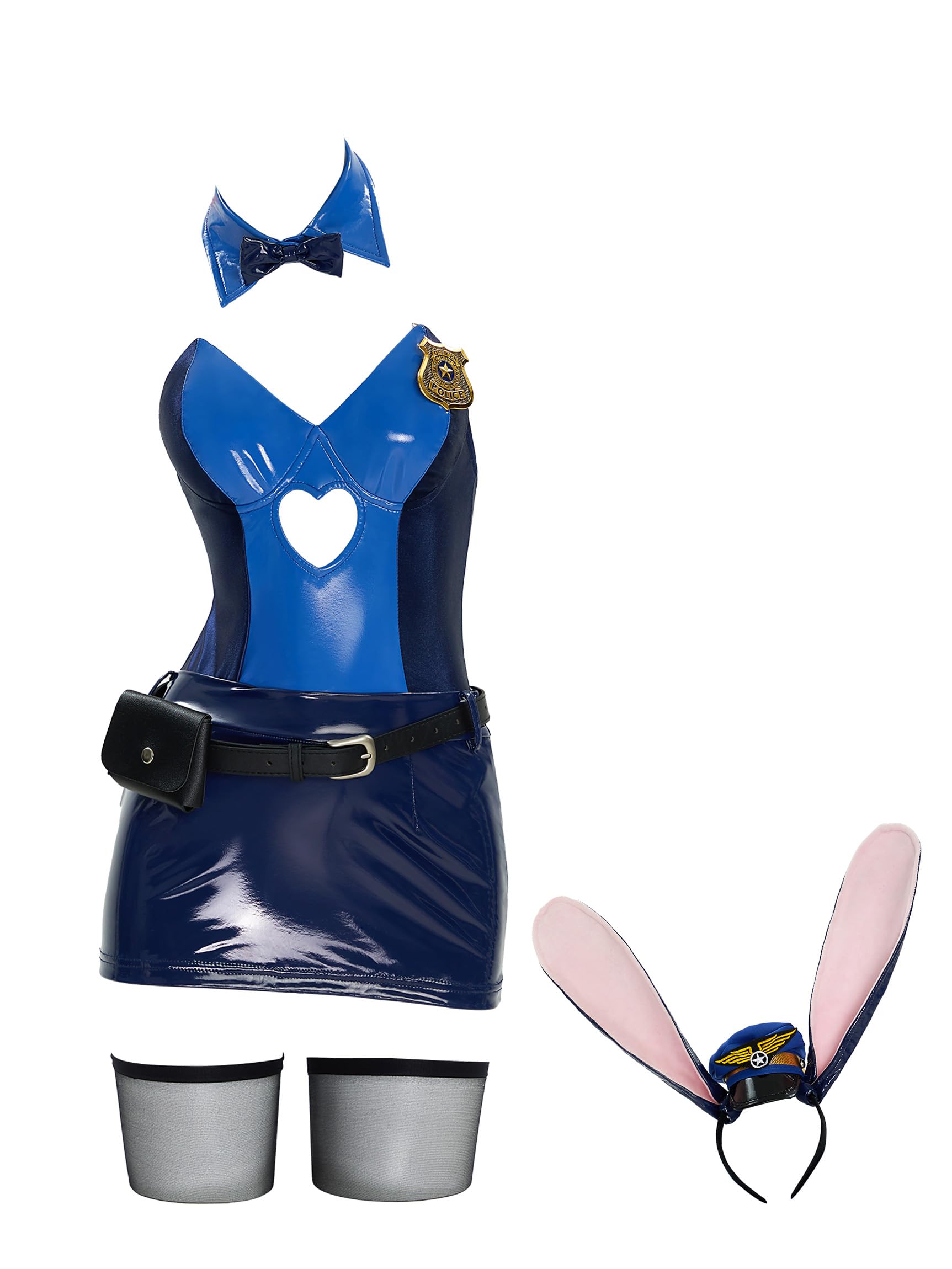 Women Cartoon Derivative Sexy Bunny Costume Halloween Bodycon Tube Top Romper and Skirt with Headband Stockings: Small Blue