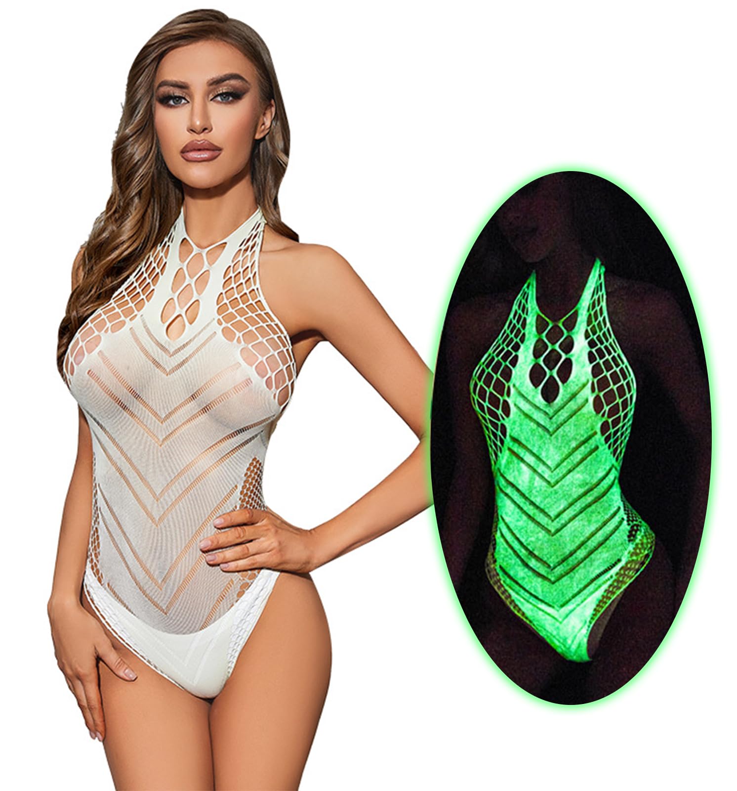 DTWAWA Glow in the Dark Sexy White Fishnet Stockings, Stylish Bodysuit Leggings for Womens Party