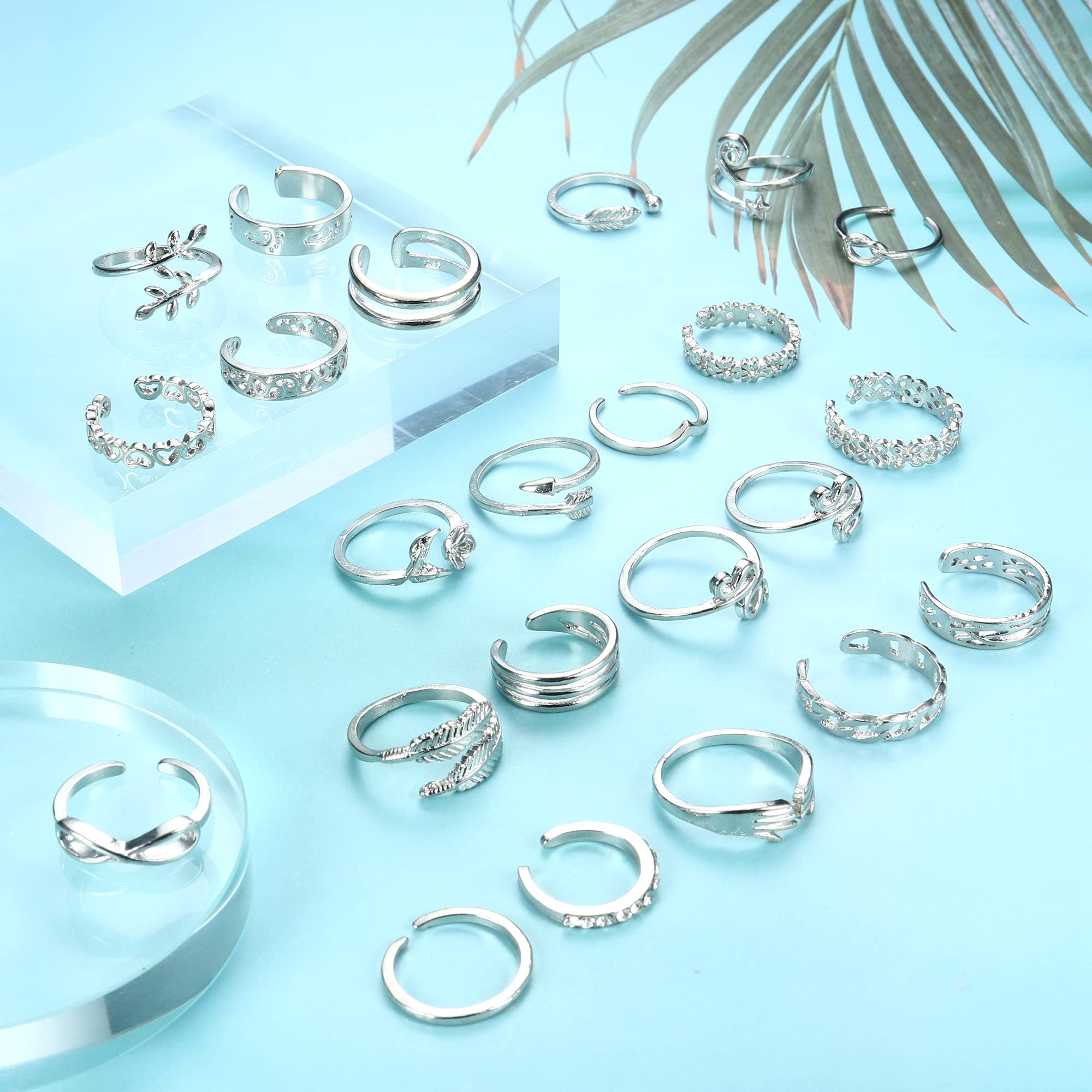 Sanfenly Anklets and Toe Ring Set for Women Silver Anklet Bracelets Open Adjustable Toe Ring Flower Wave Heart Tail Pinky Band Rings Summer Beach Foot Jewelry: Toe Rings+ Anklets