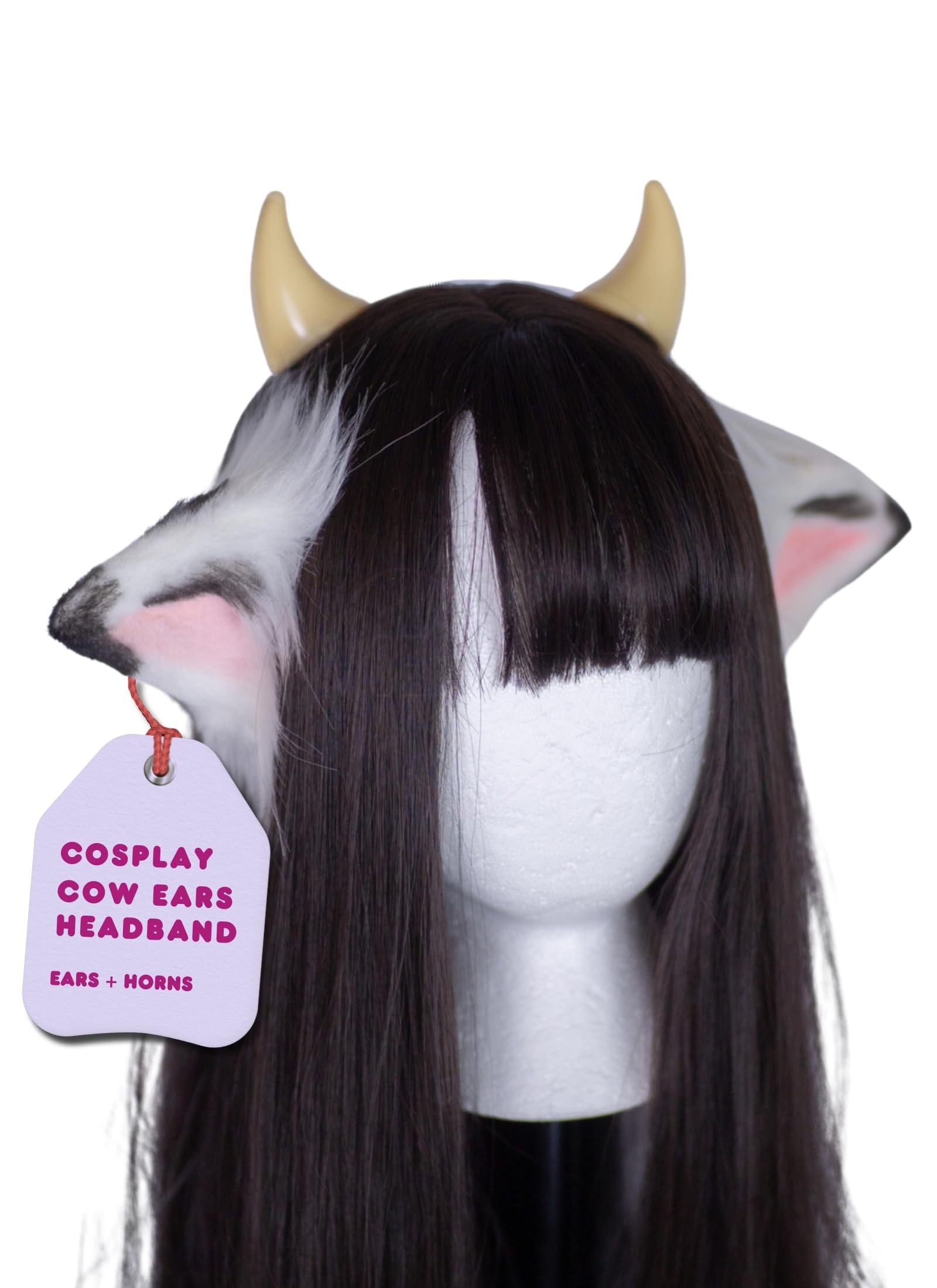 MOEFLAVOR Anime Plush Cow Ears Fur Headband with Devil Horns | Matches Any Kawaii Lingerie Costume for Sexy Cosplay: Black