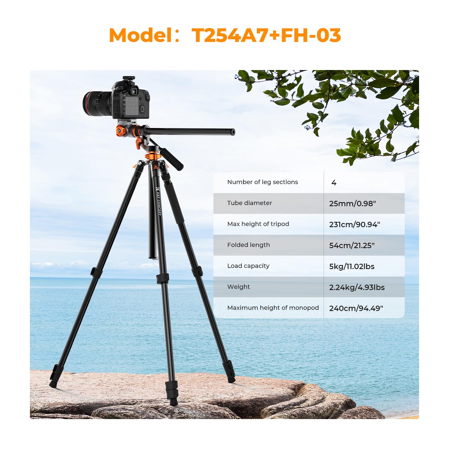 K&F CONCEPT 90''/230cm Ultra High Camera Tripod,Horizontal Overhead Shooting Travel Tripods with Metal Ball Head 10KG Load Capacity,Detachable Monopod, for Indoor and Outdoor Use: T254A7+FH-03