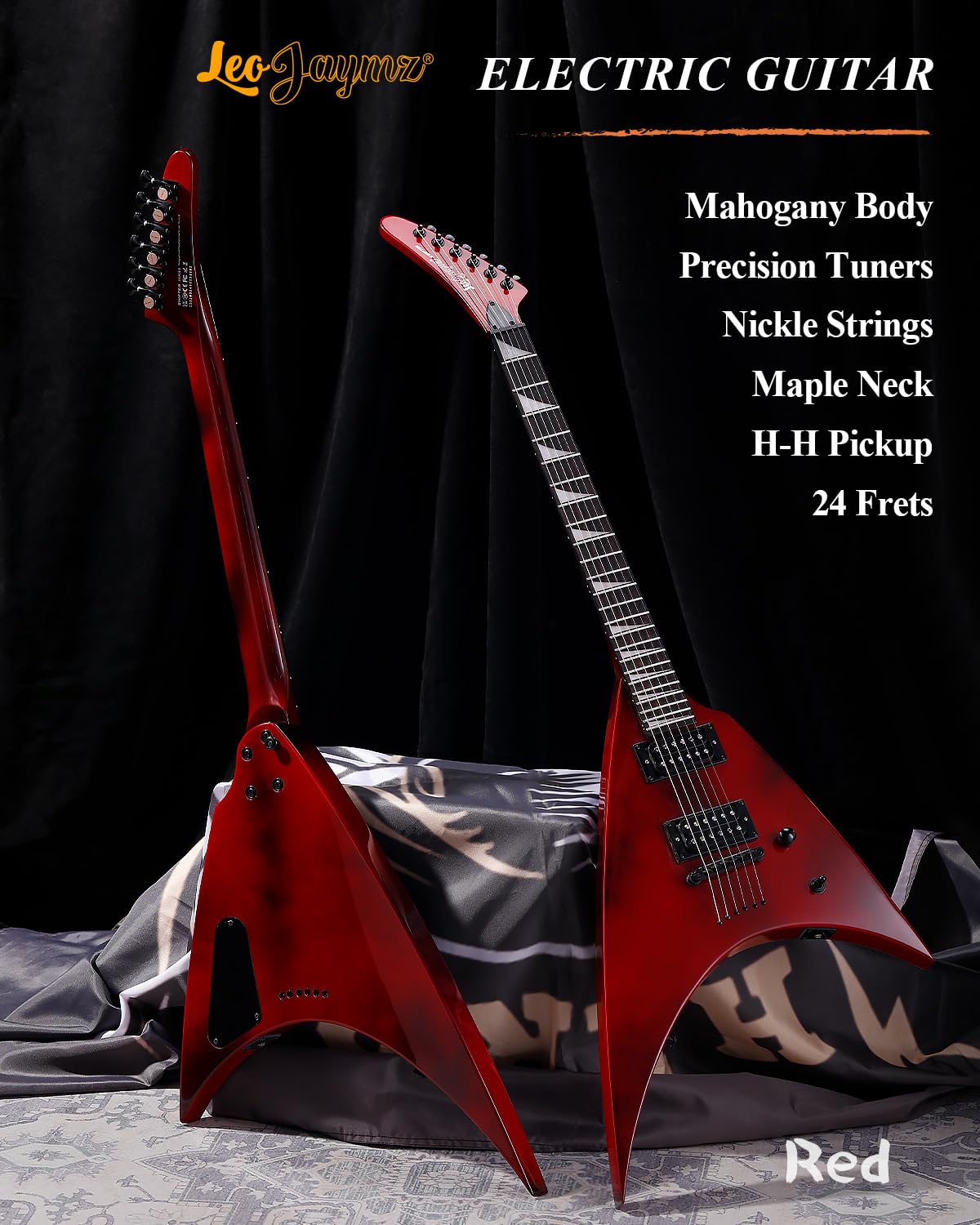 Leo Jaymz Electric Guitar,Swifter Series,Heavy Metal Guitar,24 Frets Rosewood Fingerboard,Mahogany Body,Maple Neck, Powerful and Pure Humbucker Pickups (Red)