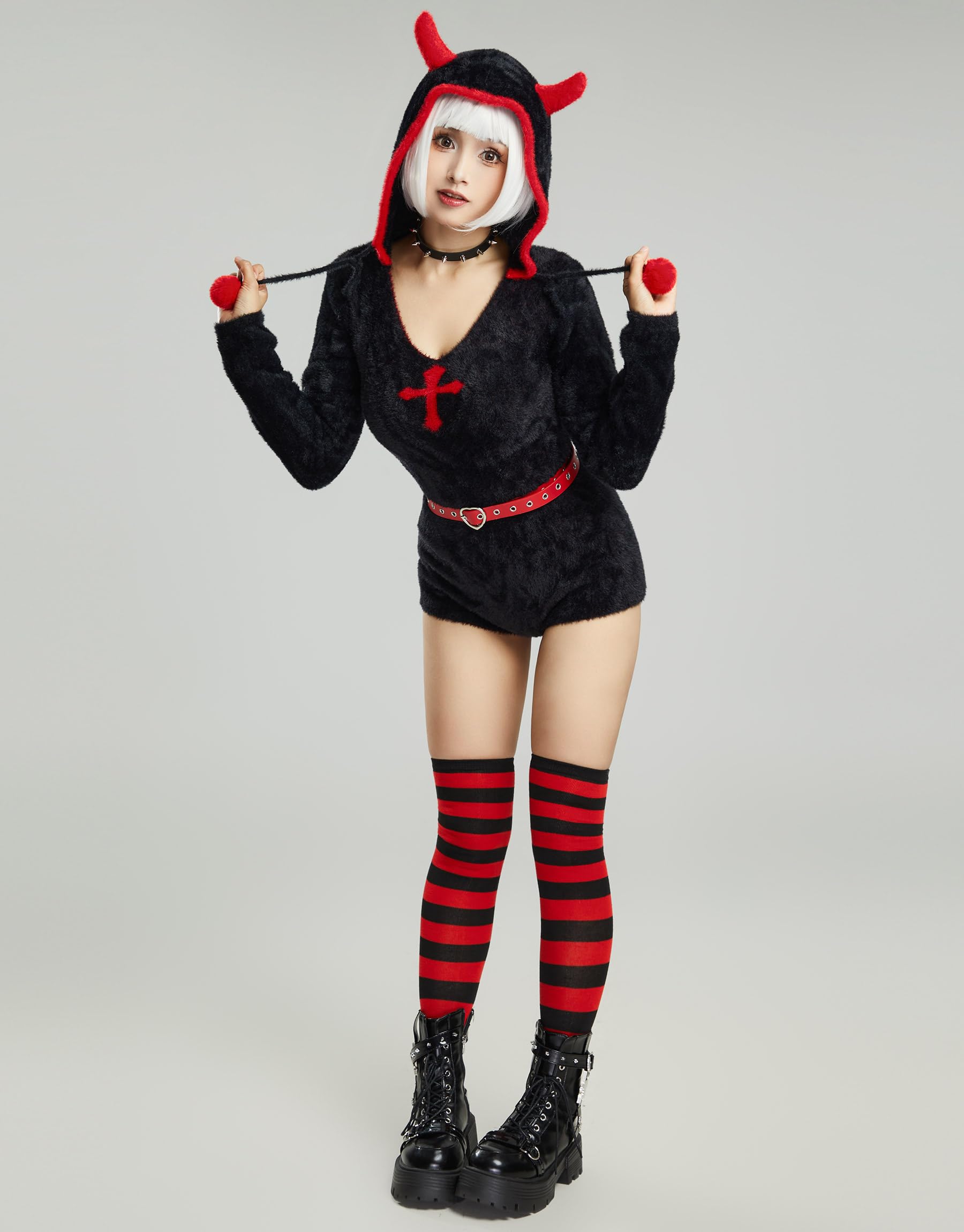 MEOWCOS Women Bodysuit Onesie Pajamas Gothic Halloween Romper Hooded Bodysuit with Belt Choker