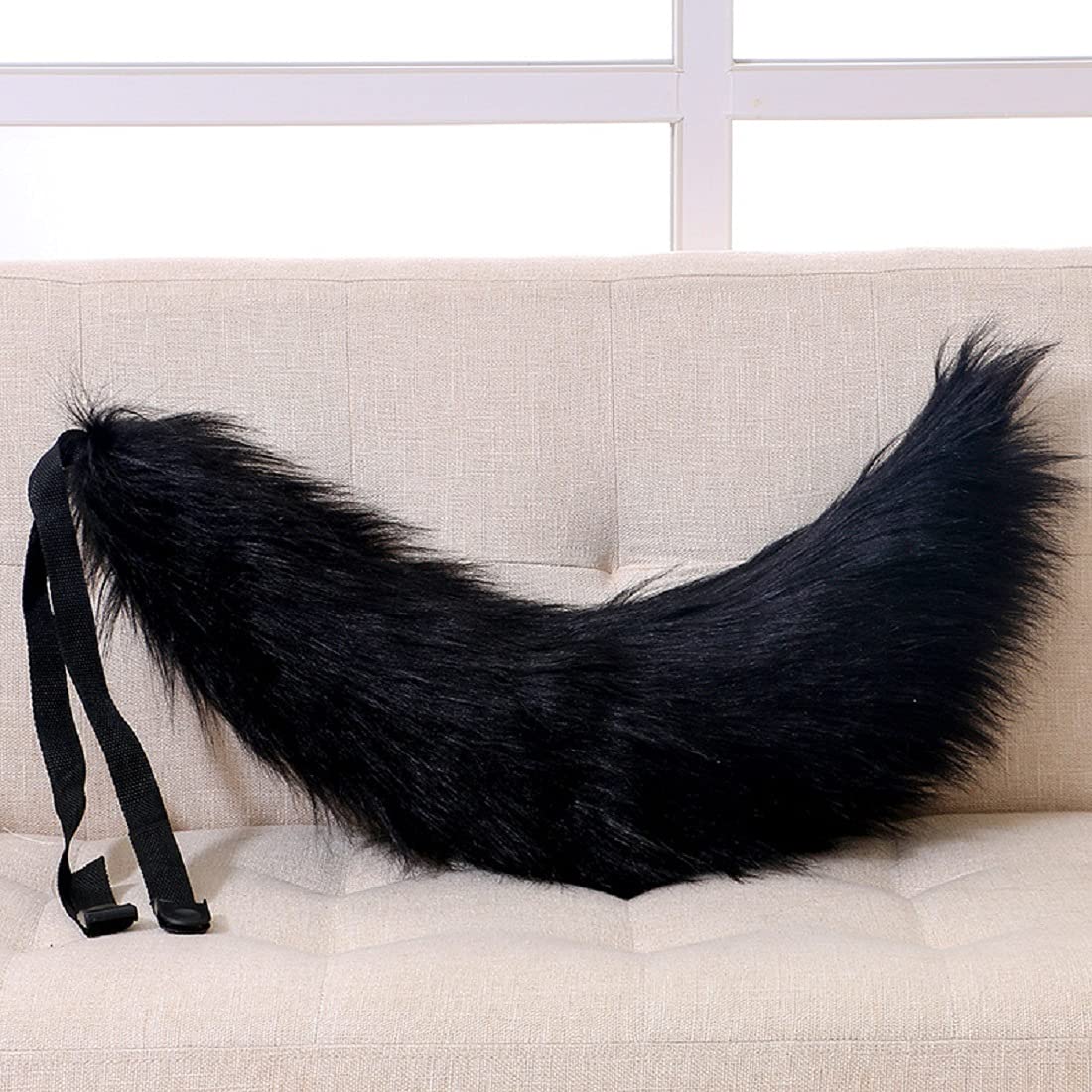 Fxaelian Faux Fur Animal Big Tail Fox Cat Dog Wolf Tail Set Halloween Cosplay Party Costume Accessory: Pure Black