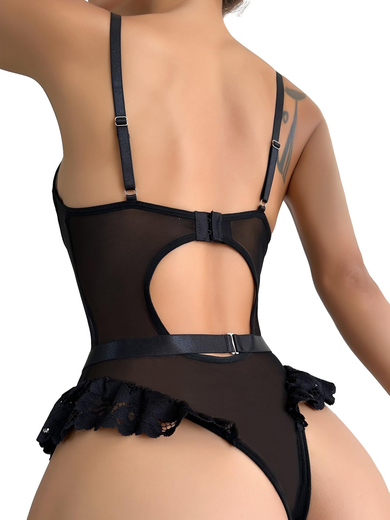 Lilosy Sexy Stocking Lace Mesh Bodysuit Top Underwire Garter Lingerie Set 3 Piece: Small Black