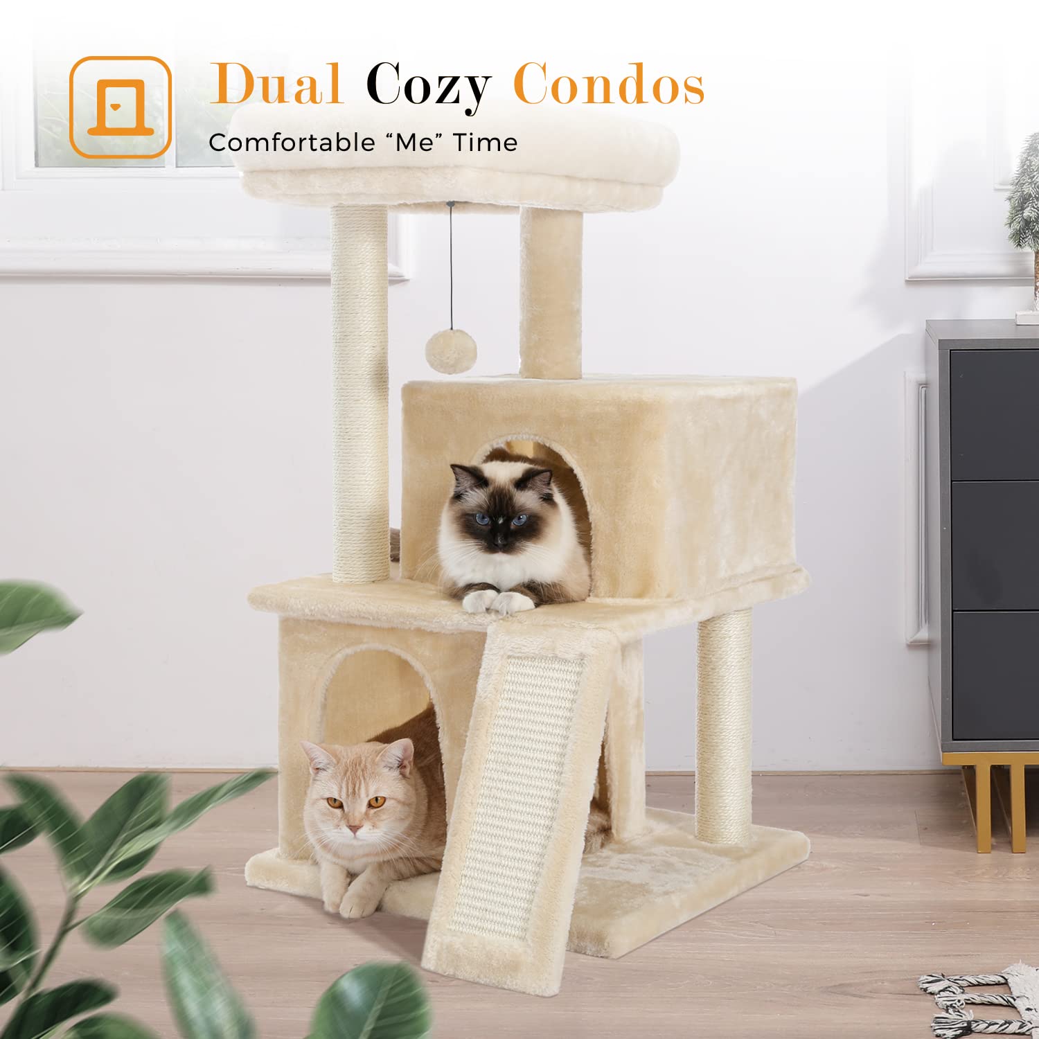 PAWZ Road Large Cat Tree, 41 Inches Gothic Cat Tower with 2 Spacious Condos for Indoor Cats, Large Black Cat House with Comfy Hammock, Padded Perch, Scratching Pad and Replaceable Balls-Black