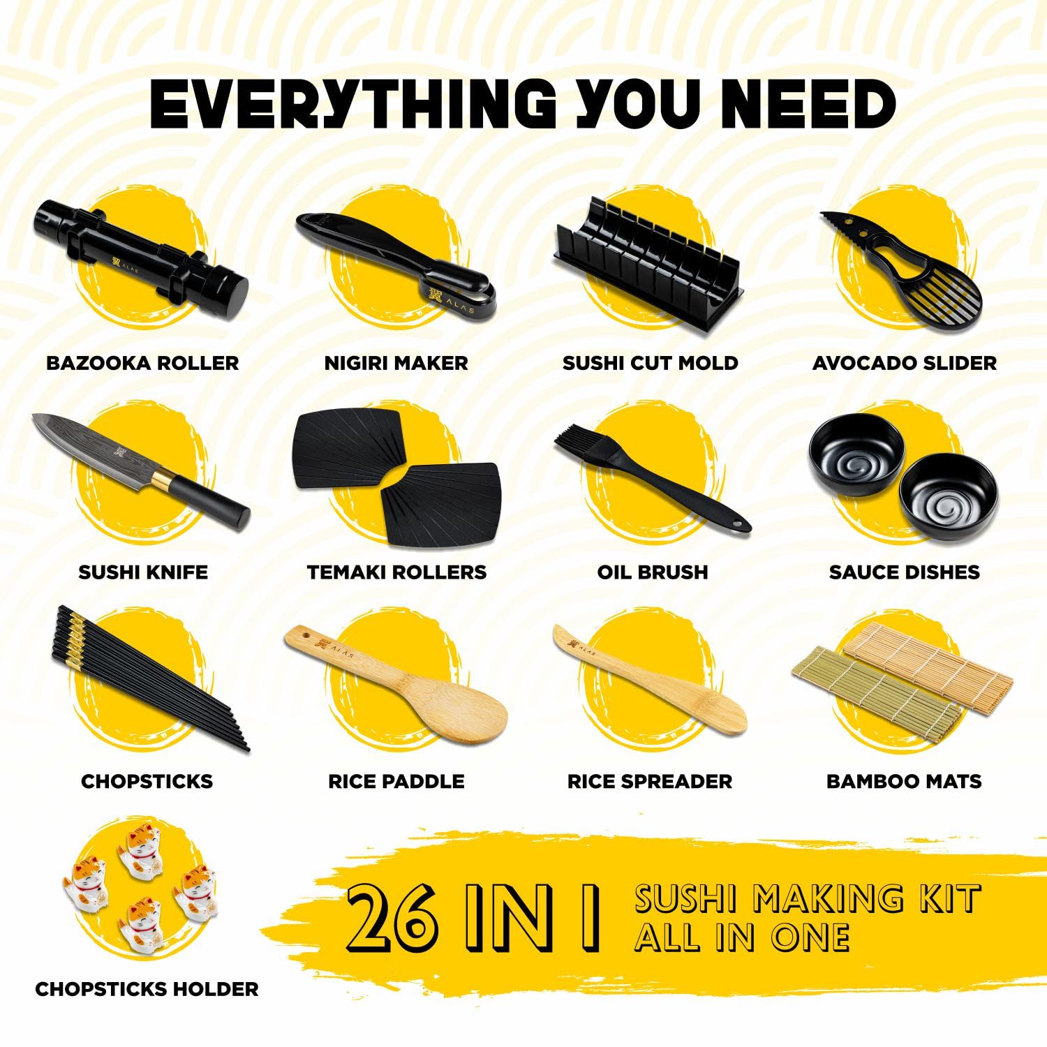Alas Sushi Making Kit- Complete Sushi Making Kit for Beginners & Pros Sushi Makers, Perfect Sushi Making Kitchen Accessories Like Sushi Knife, 2 Sushi Mats, Rice Bazooka, Dipping Plate, & More (Black)