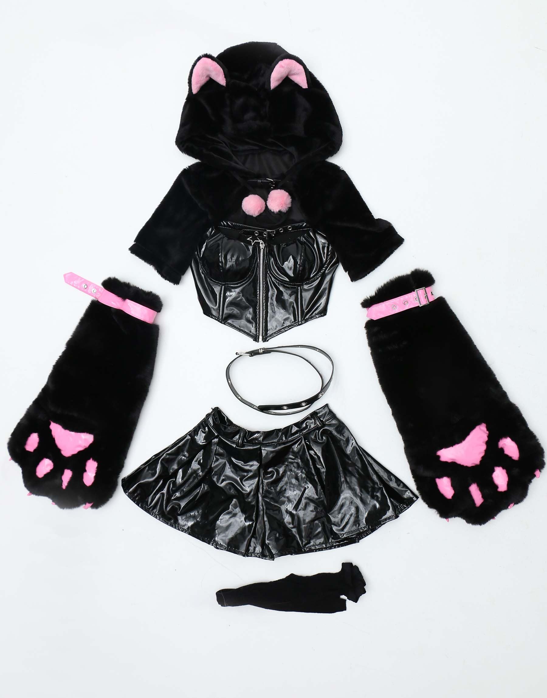 Mobbunny Cat Cosplay Costume Furry Hoodie Top and Skirct Outfits with Detachable Paw: Small Black