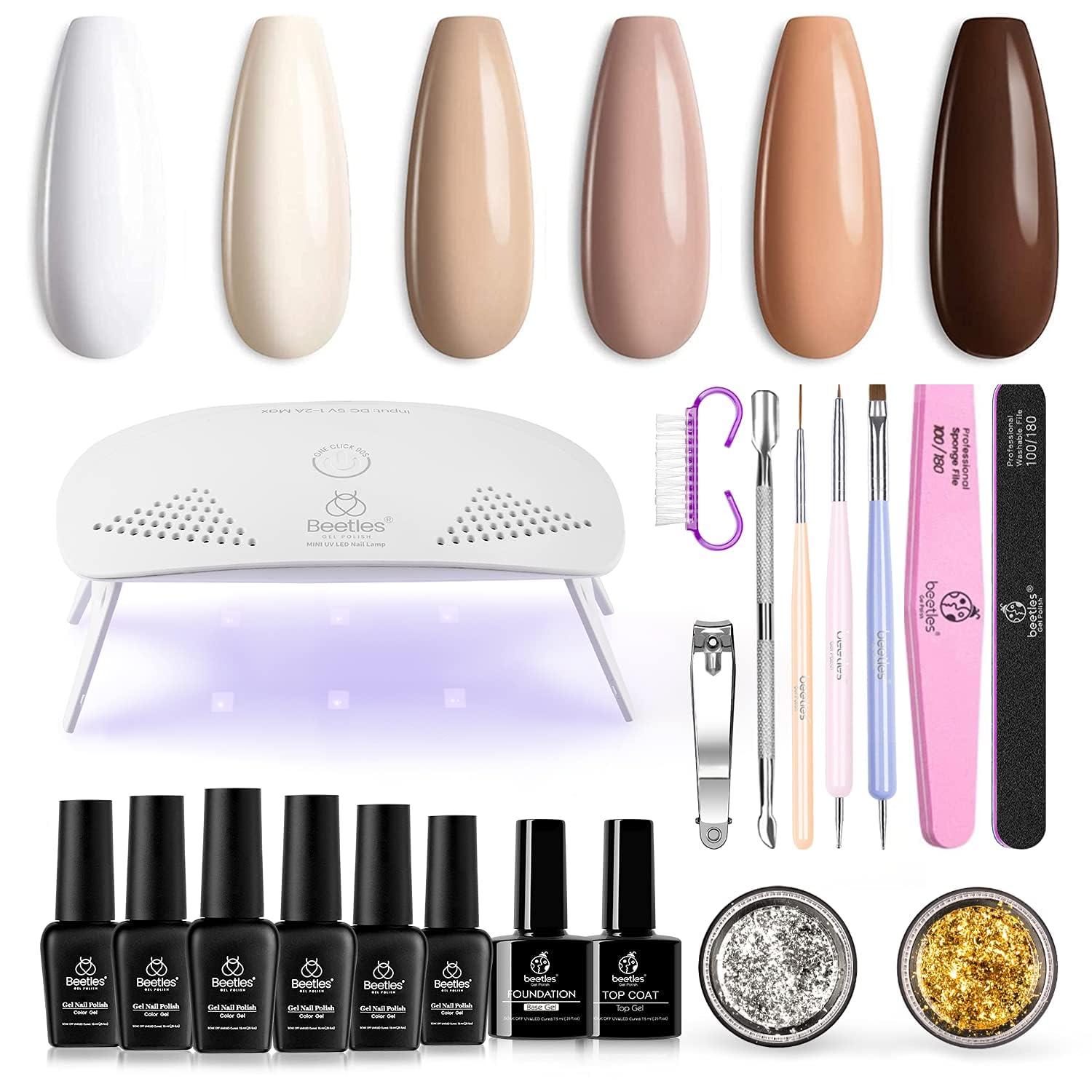 Beetles Gel Nail Polish Kit with U V Light Starter Kit, 6 Colors Nude Brown nails Neutral Pink Peach Skin Tone Gel Polish Soak Off U V LED Nail Lamp, Base Gel Top Coat DIY Home Manicure Gift for Women thumbnail 1