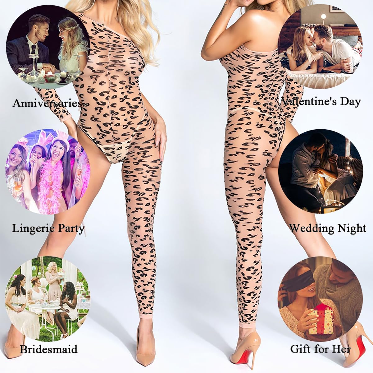 Women's Leopard Print Bodystocking Mesh Bodysuit One Shoulder Lingerie Jumpsuit Long Sleeve Single Leg Lace Bodycon Slim Fit Club Wear Sexy Party Cosplay Dresses thumbnail 6