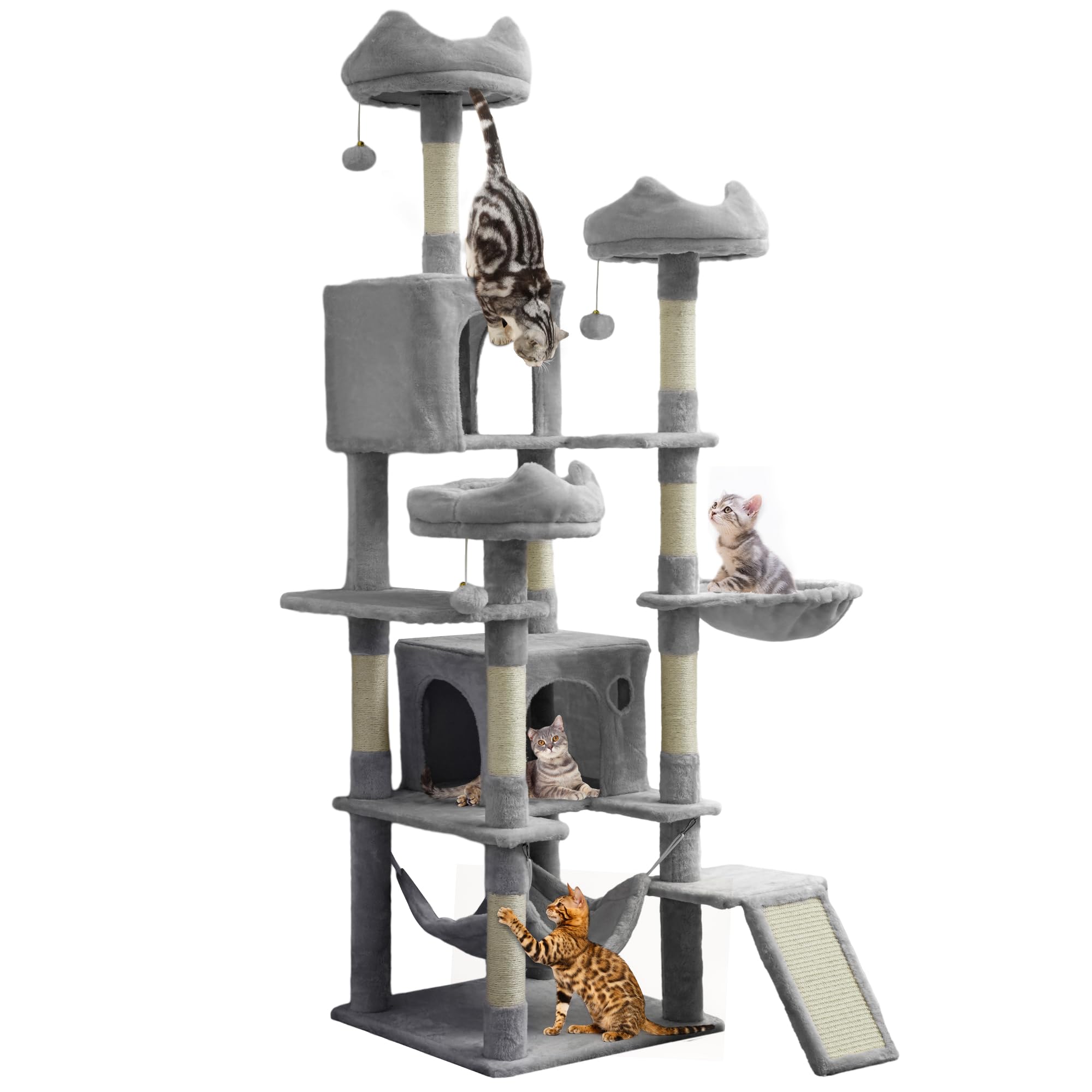 YITAHOME Tall Cat Tree for Indoor Cats, 75 inch Multi-Level Cat Tower with Cat Condos, Top Perches, Sisal Ramp Scratching Posts, Cozy Basket,Hammocks, Large Cat Pet Activity Structure,Pink: 75 inches Light Grey