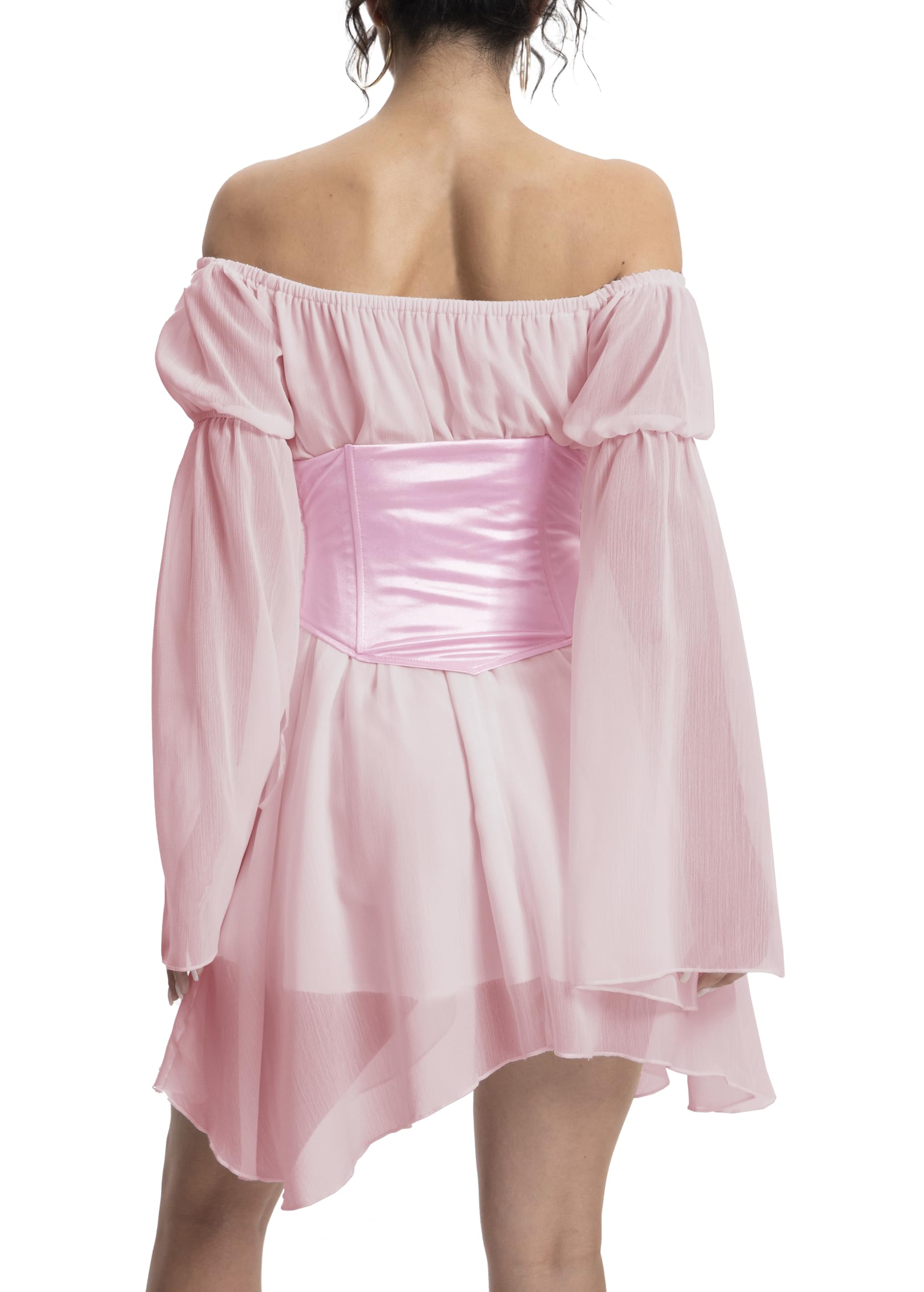 TSMNZMU Womens Two Piece Sets Corset Dress Off Shoulder Bell Sleeve Chiffon Dresses Lace-Up Mini Bustier Party Dress: 2 Piece Set Pink Small