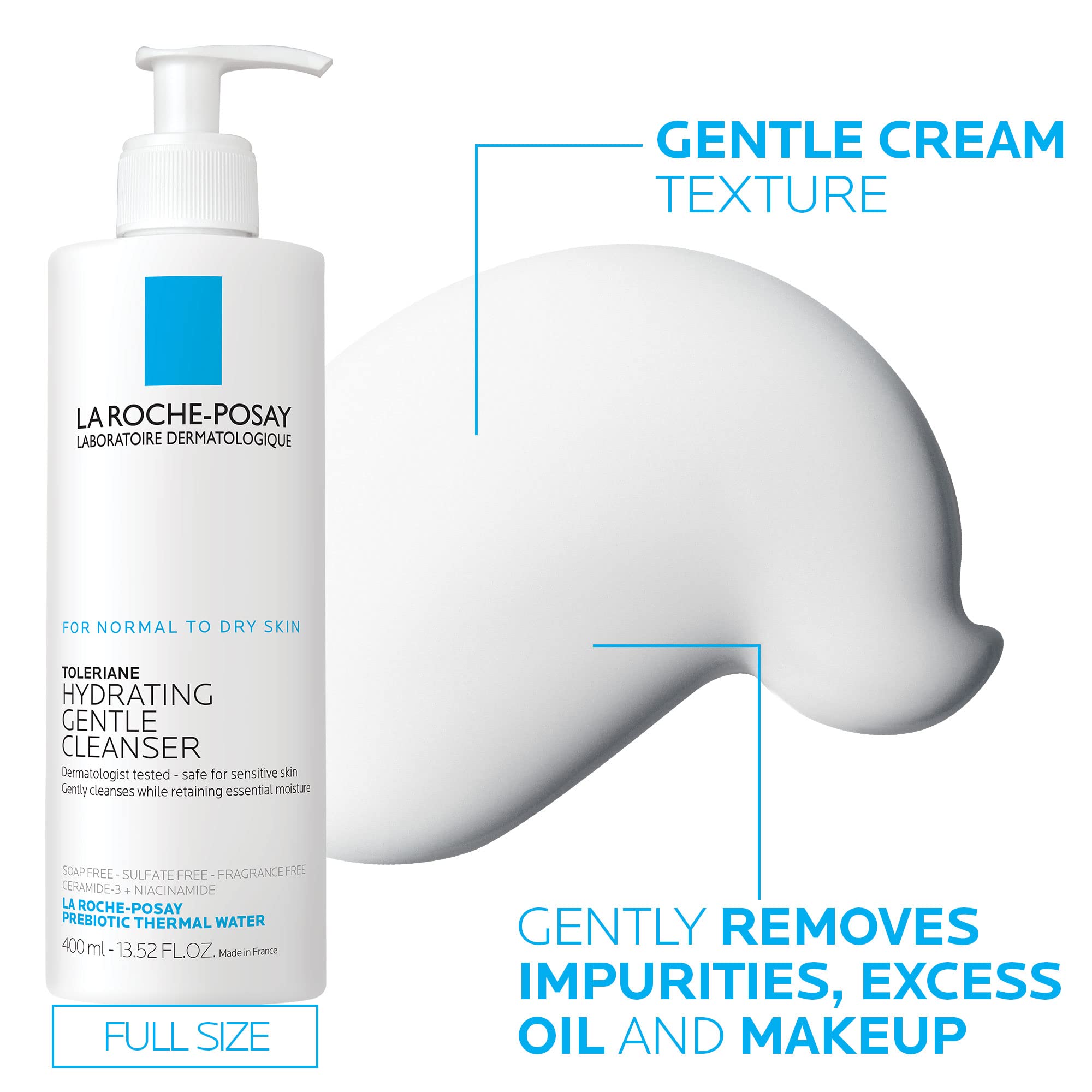 La Roche-Posay Toleriane Hydrating Gentle Face Cleanser, Hydrating Facial Cleanser With Niacinamide + Ceramides, Daily Face Wash For Dry Skin To Normal Skin, Sensitive Skin Tested, Fragrance Free: 14.87 Fl Oz (Bottle + Moisturizer)