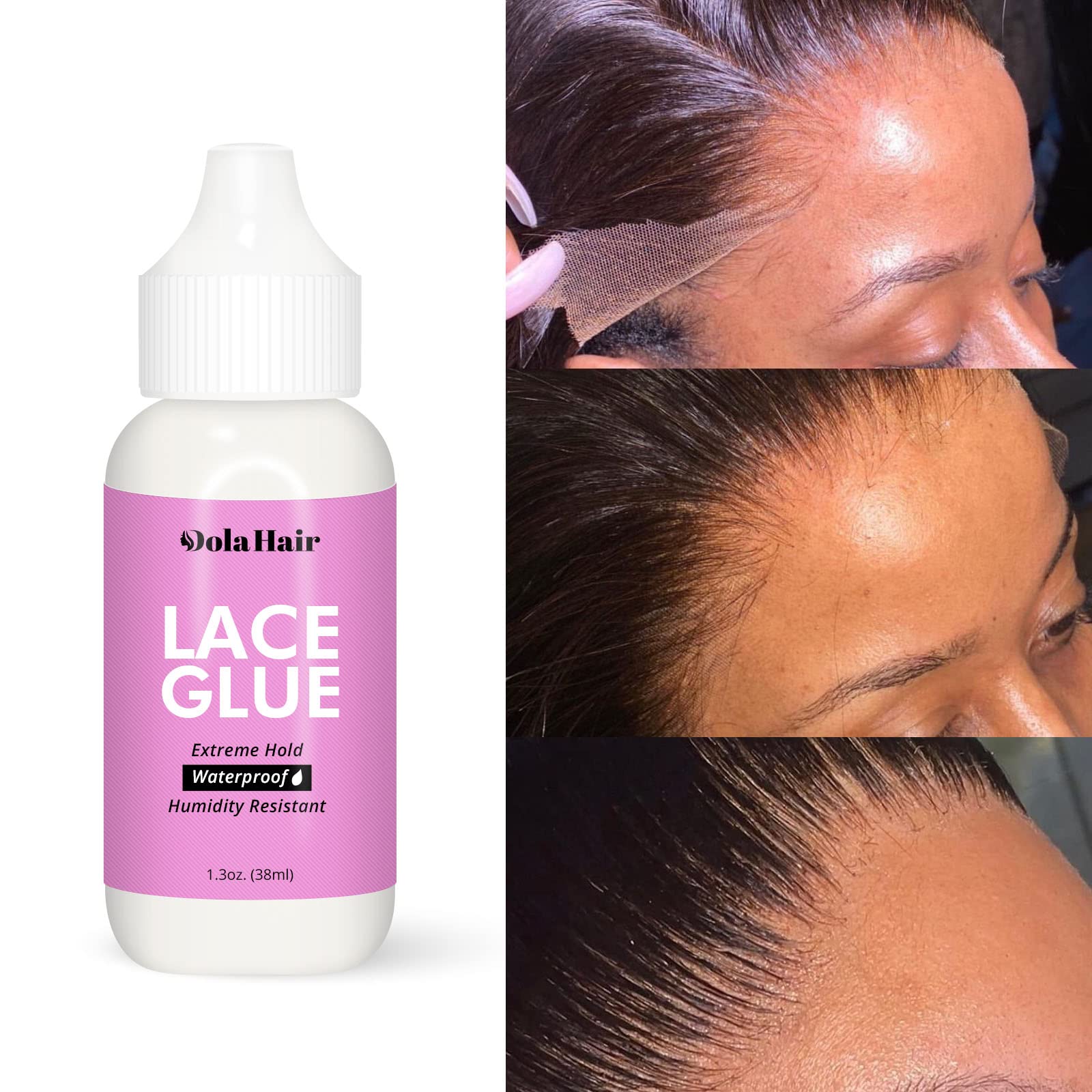 Dolahair Lace Glue, 1.3 Ounce, Waterproof, Extreme Hold, Invisible Bonding for Wigs & Hair Systems, Includes 2 Elastic Bands
