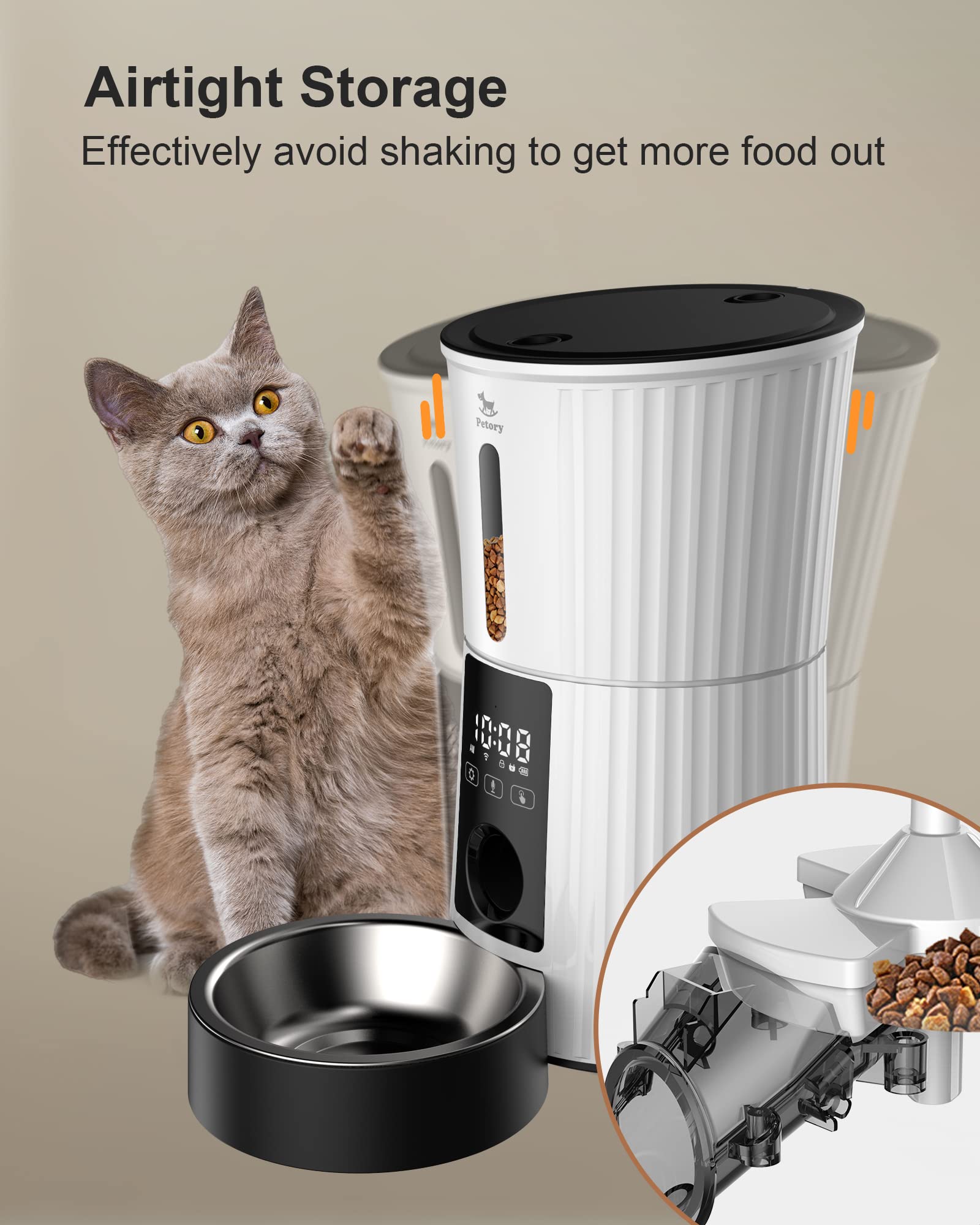 Petory Timed Automatic Cat Feeders - 4L Programable Dry Food Dispenser for Cats and Small Medium Dogs 6 Meals with Desiccant Bag Dual Power Supply 10S Voice Recorder thumbnail 4