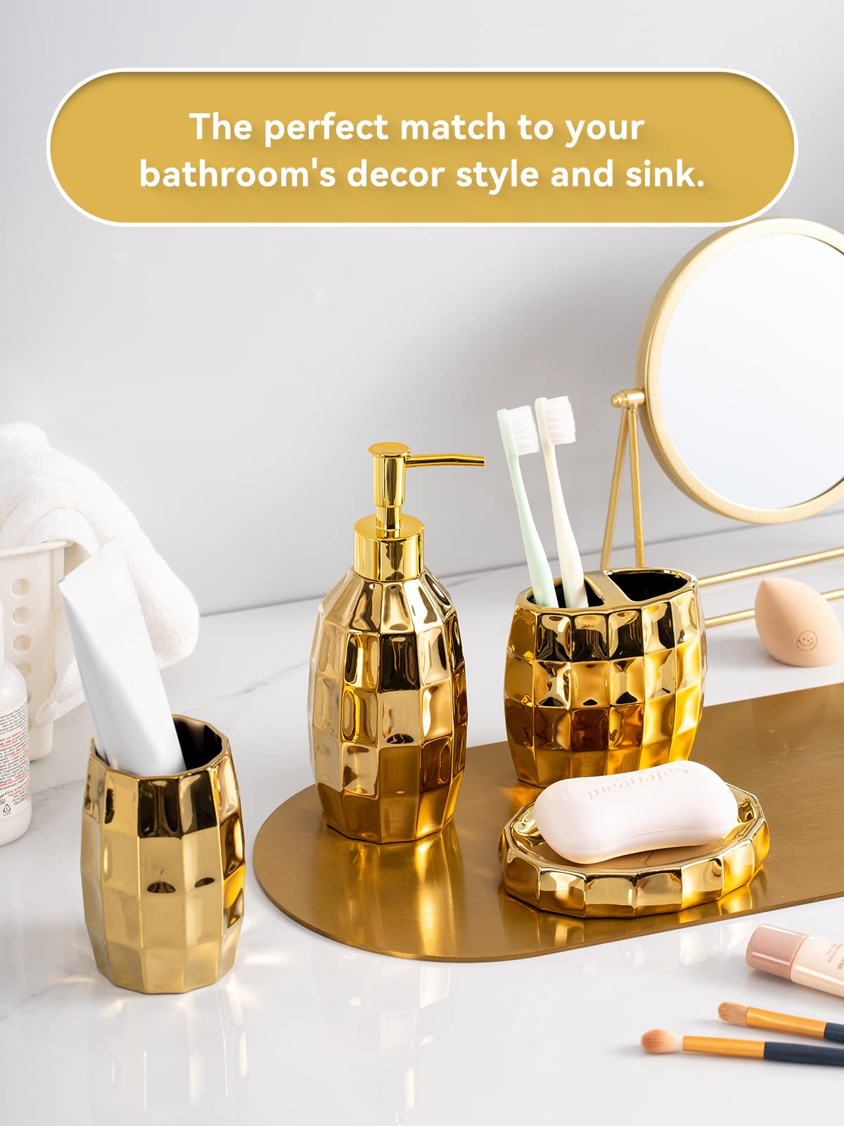 Bathroom Accessory Set, 3-Piece Ceramic Bath Accessories Set with Tray, Lotion Dispenser, and Tumbler