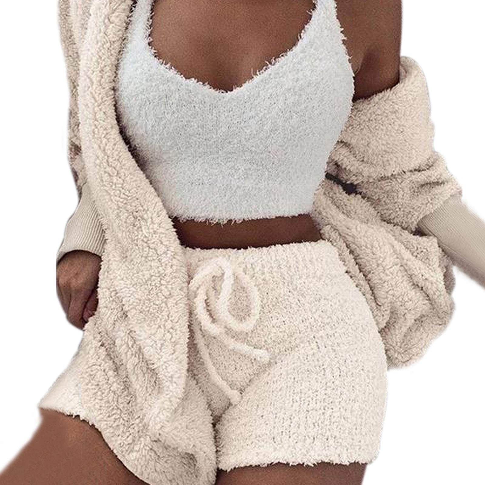 VNVNE Womens Sexy Fuzzy Warm Sherpa Fleece 3 Piece Outfit Fleece Coat Jacket Outwear and Spaghetti Strap Crop Top Shorts Set: 3X-Large White