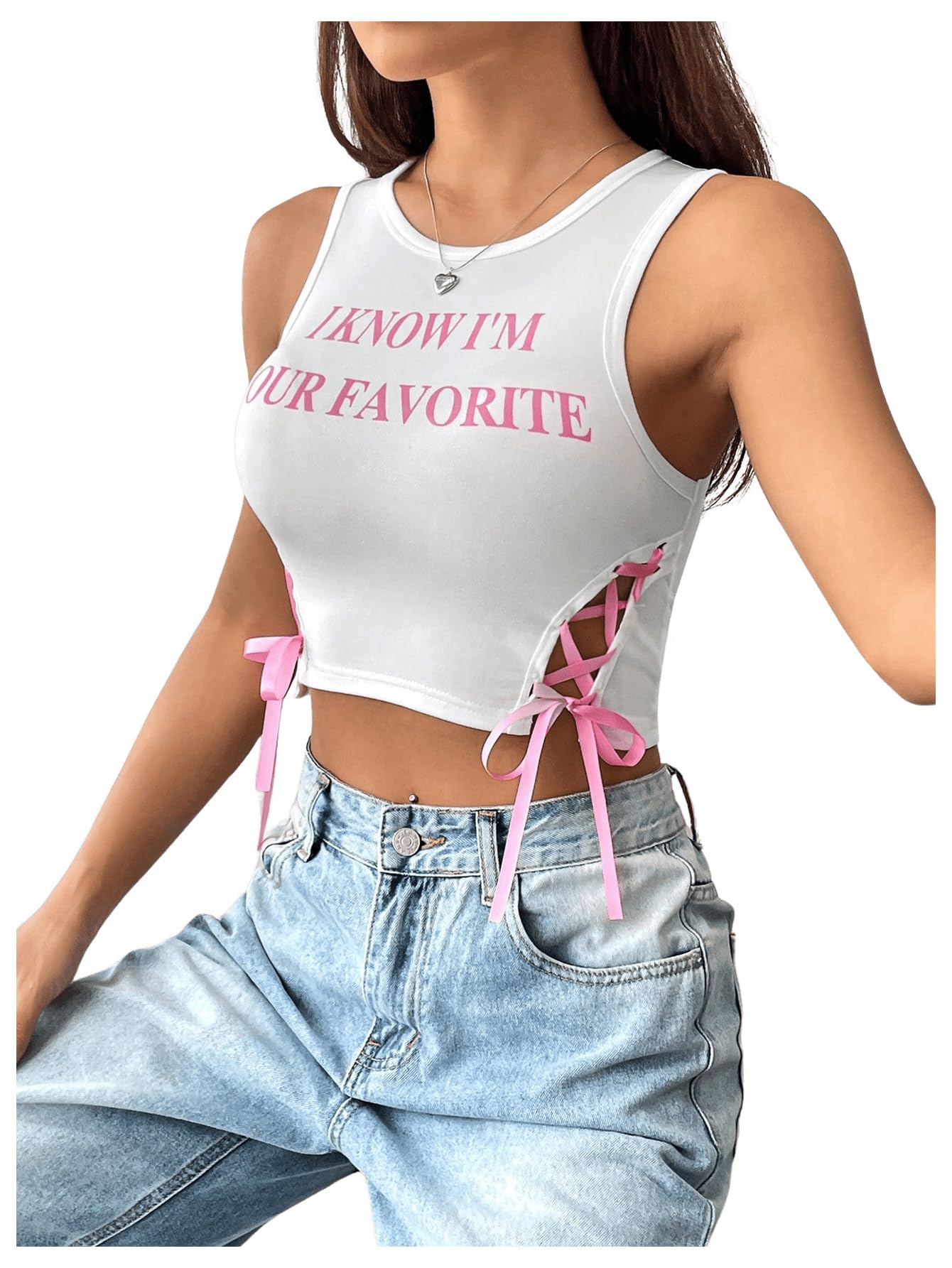 SHENHE Women's Letter Print Lace Up Round Neck Slim Fit Crop Going Out Tank Tops