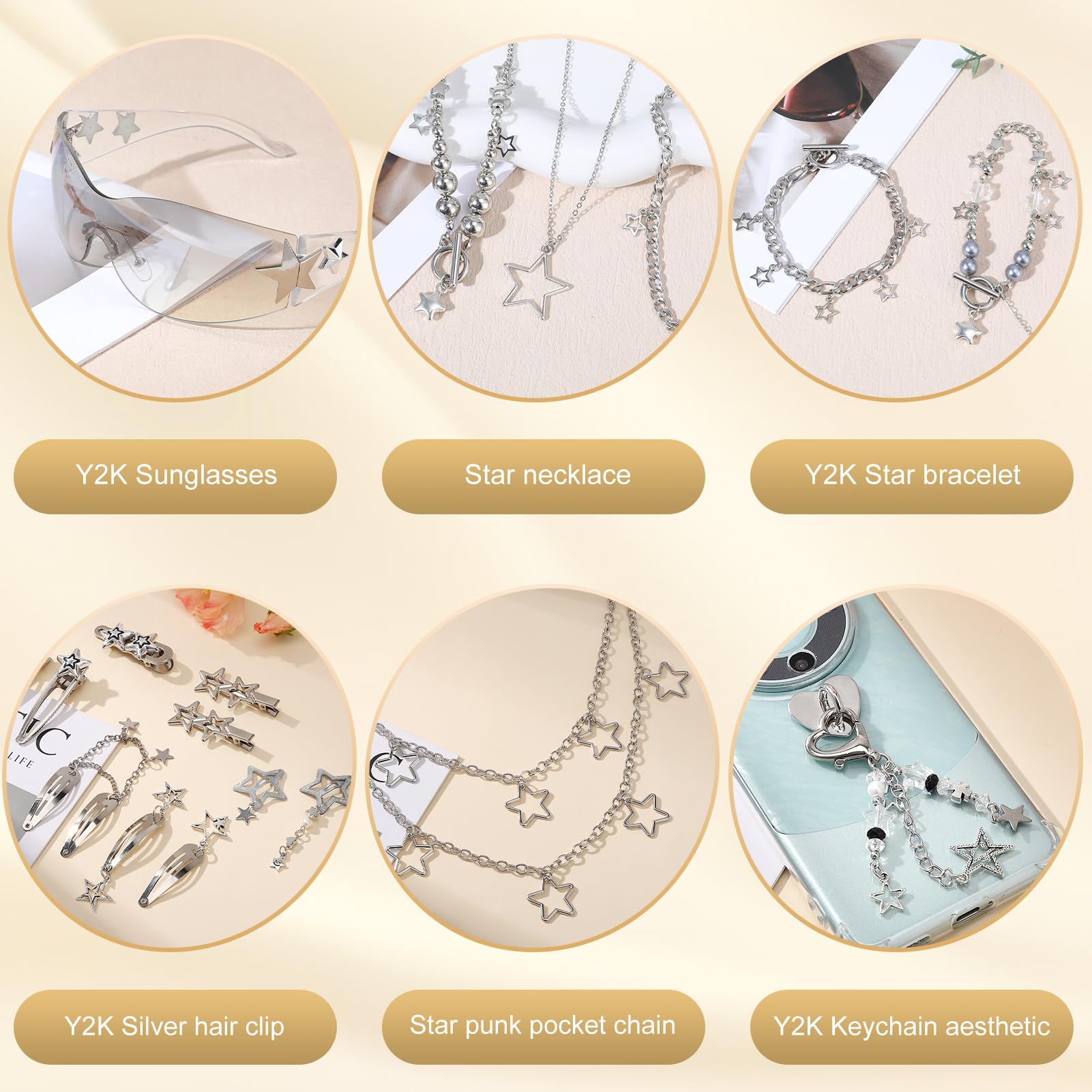 Y2k Accessories Set Included Star Y2k Silver Necklace Grunge Layered Necklace Y2K Sunglasses Star Hair Clip Y2k Silver Hair Clips Keychain Hip Hop Pants Chain Vintage Jewelry Set for Women