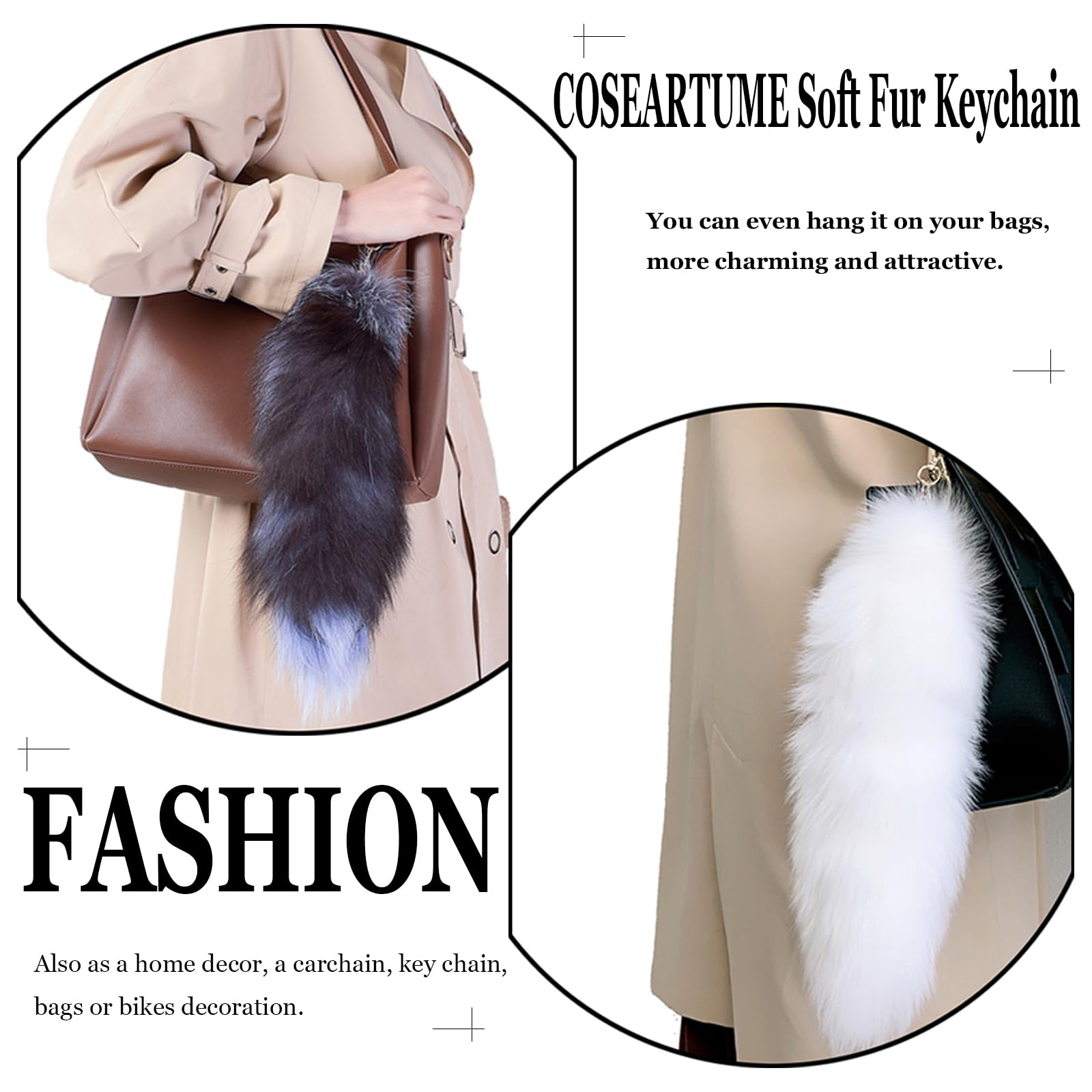 COSEARTUME Fluffy Therian Cat Wolf Tail Real Fox Fur Keychain Cosplay Toy Bag Keyring Halloween Costume for Kids Adult: Sunny Black