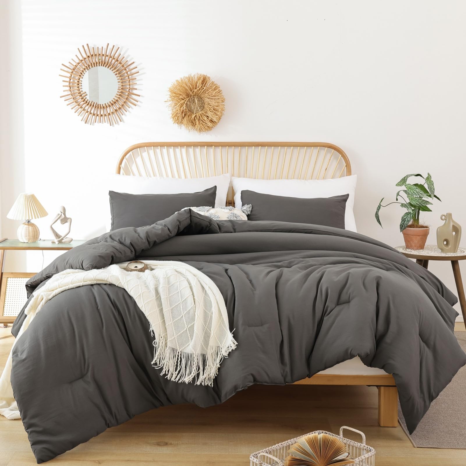 ROSGONIA Queen Comforter Set Oatmeal, 3pcs(1 Boho Oatmeal Comforter & 2 Pillowcases) All Season Soft Bedding Lightweight Bedspread Blanket Quilt: Queen Comforter 90"x90" Charcoal Gray