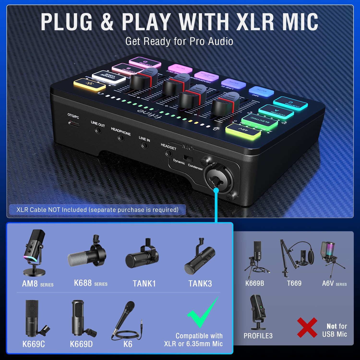 FIFINE Gaming Audio Mixer, Streaming RGB PC Mixer with XLR Microphone Interface, Individual Control, Volume Fader, Mute Button, 48V Phantom Power, for Podcast/Recording/Vocal/Game Voice-AmpliGame SC3 thumbnail 7