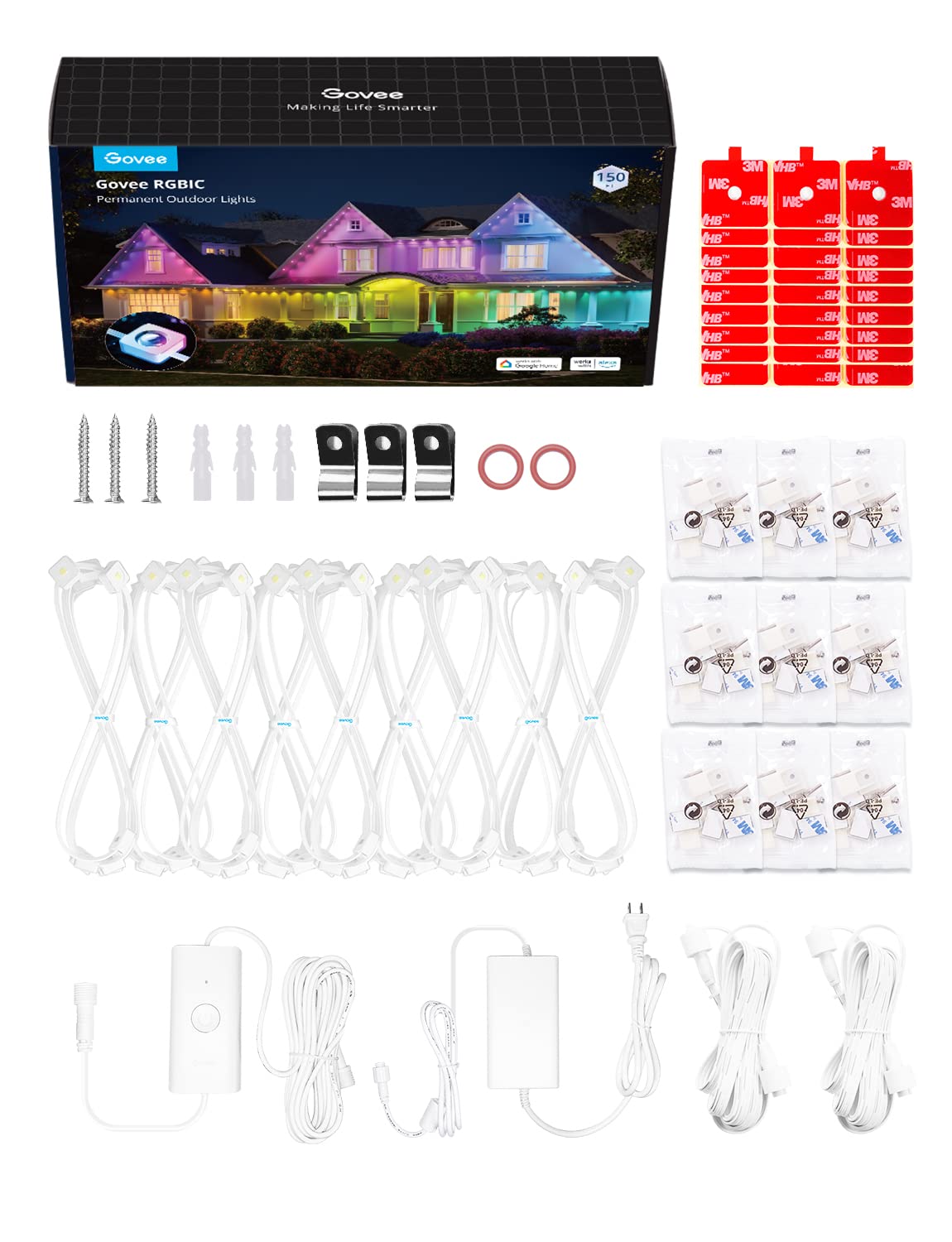 Govee Permanent Outdoor Lights, Smart RGBIC Outdoor Lights with 75 Scene Modes, 150ft with 108 LED Lights, IP67 Waterproof for Patio Decorations, Work with Alexa, Google Assistant, White: White 150ft
