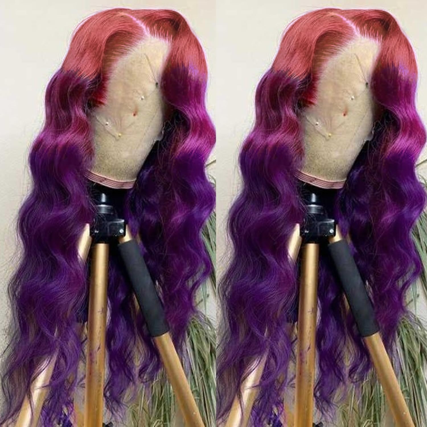 Purple Ombre 13x4 HD Lace Front Wig Human Hair Body Wave 3 Tone Pink to Purple Glueless Wigs Dark Pink Root Rainbow Colored Lace Frontal Wig 180% Density 20 Inch