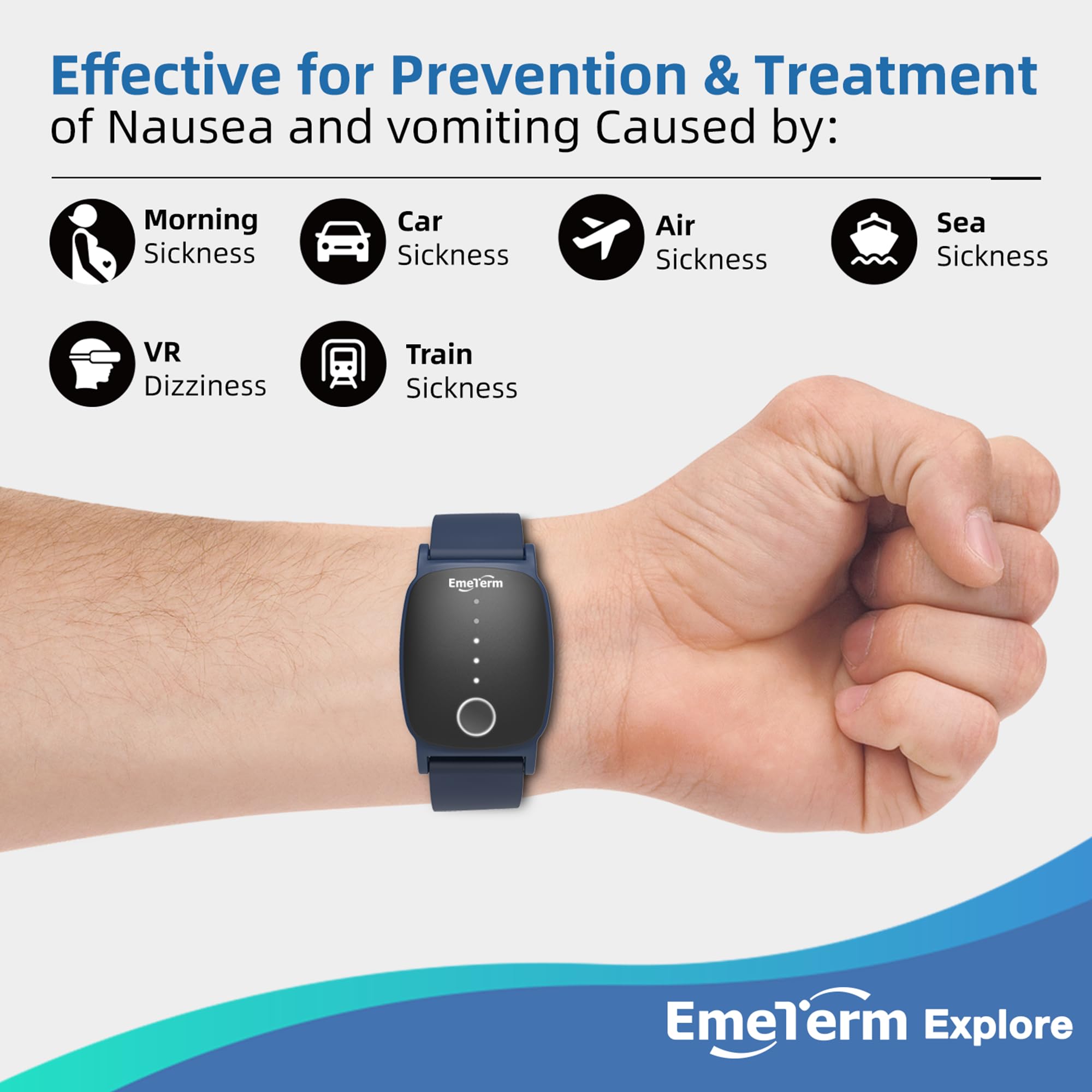 EmeTerm Explore FDA-Cleared  Anti-Nausea Wristband IP67 Waterproof Morning Motion Sickness Relief Rechargeable Classic Strap Design Drug Free Without Side Effects FSA/HSA Eligible