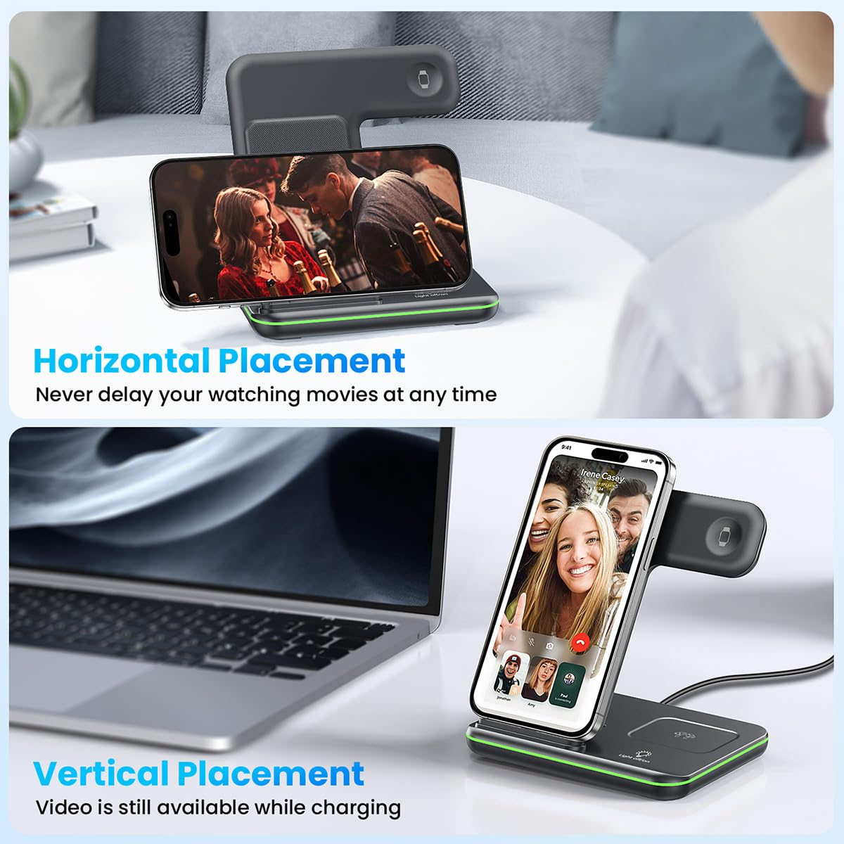 WAITIEE Wireless Charger 3 in 1 Charging Station for for iPhone 16 15 14 13 12 11 X 8 & for Apple Watch, for AirPods 1/2/3/Pro/Pro 2 with Lightning Charging Case(Purple)