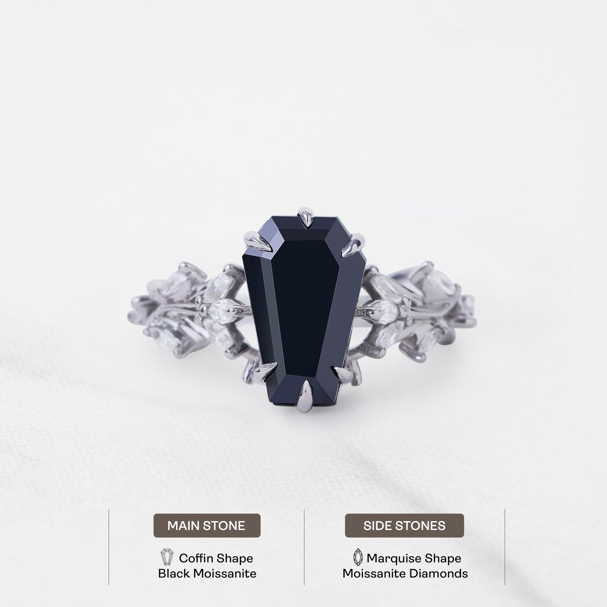 Dfine Jewelry Store Coffin Cut Black Moissanite Ring 925 Sterling Silver Dark Macabre Gothic Engagement Wedding Statement Womens Ring Goth Jewelry Size 4 to 10: 6.5