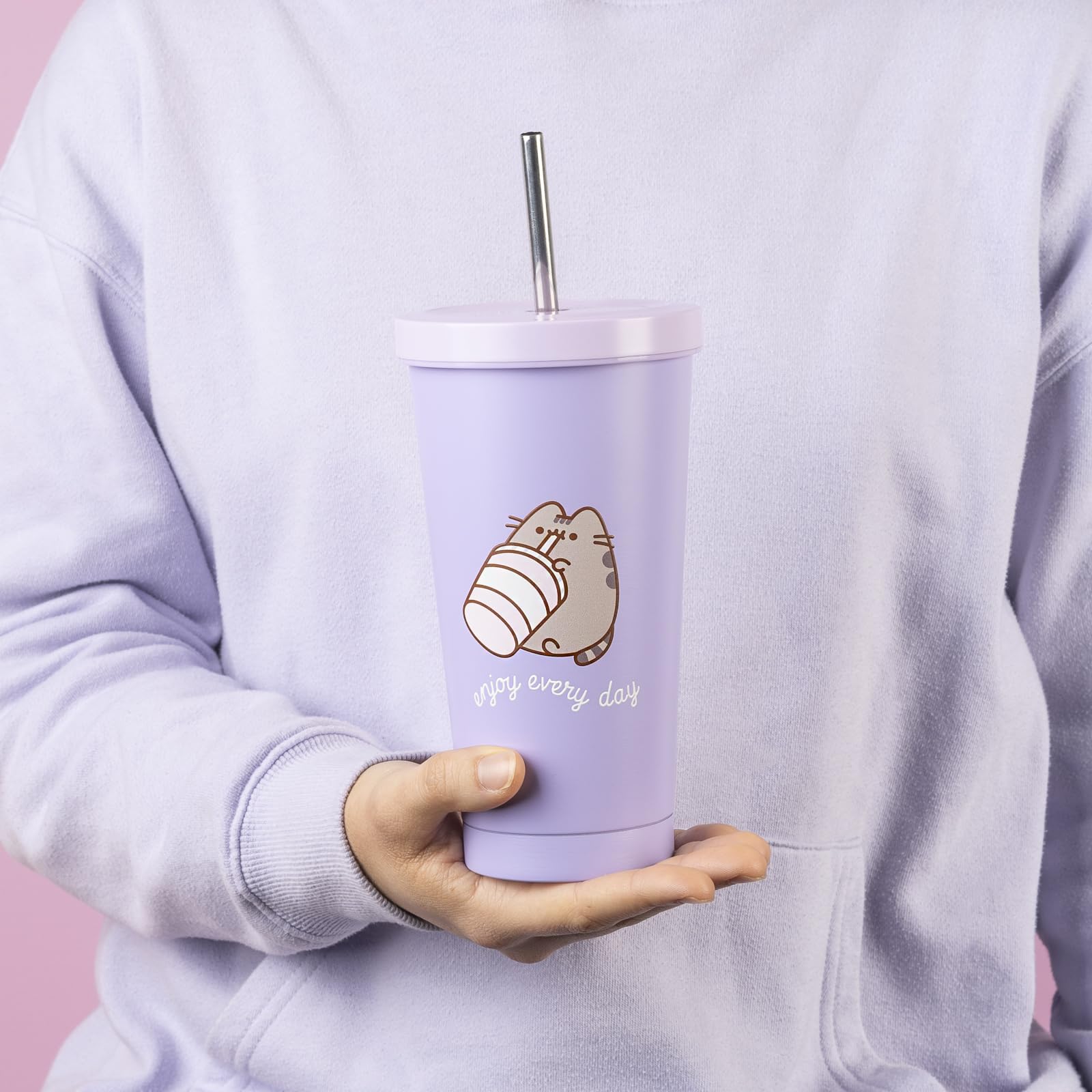 Grupo Erik Pusheen Insulated Tumbler with Lid and Straw - 18.6 oz Tumbler Cup with Straws - Leak Proof Stainless Steel Tumbler - Travel Coffee Tumbler - Includes Cleaning Brush