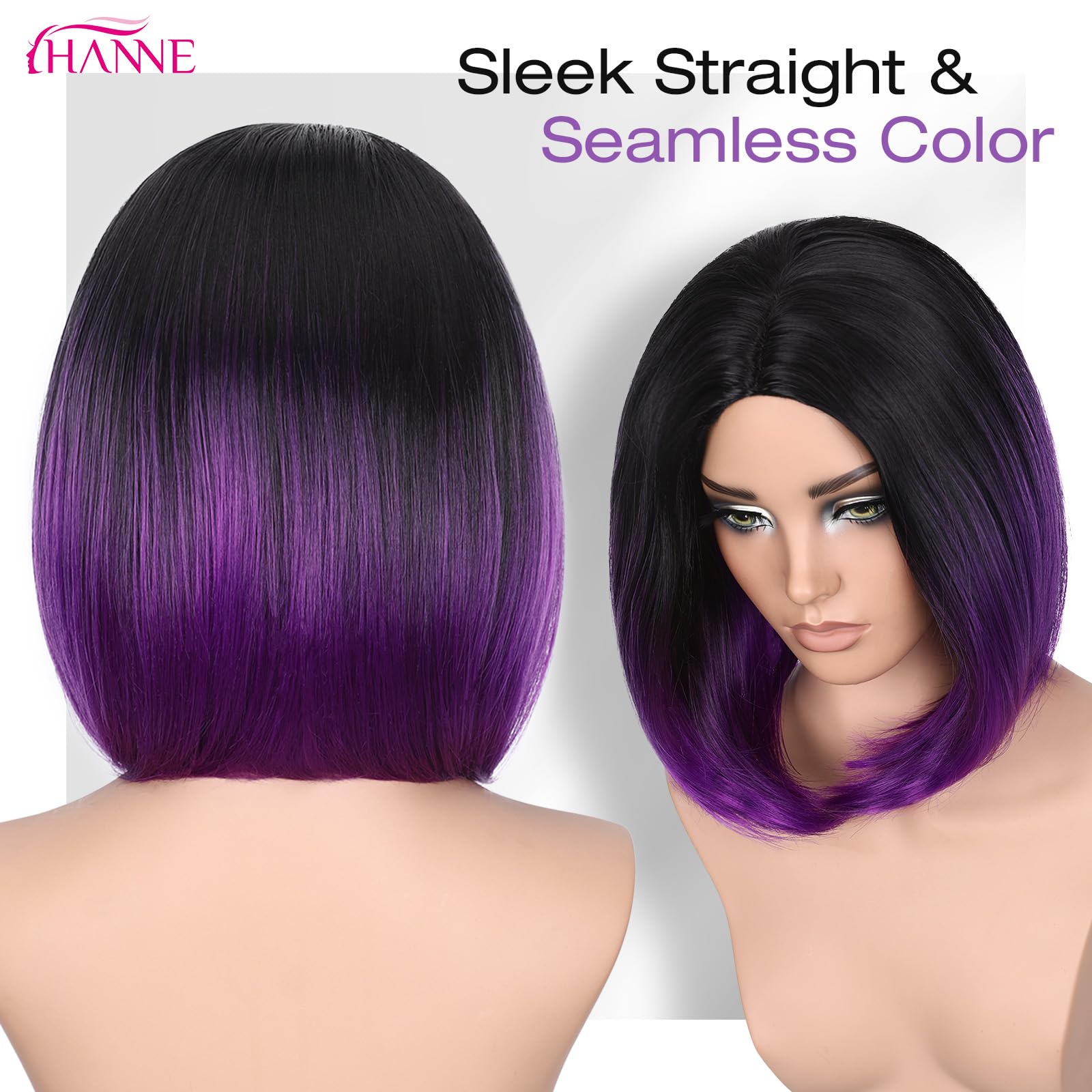 HANNE Ombre Black to Purple Wig Short Bob Wigs Shoulder Length Bob Hair Short Straight Hair Bob Wigs for Women Ombre Purple Wig (Ombre Purple): Black to Purple