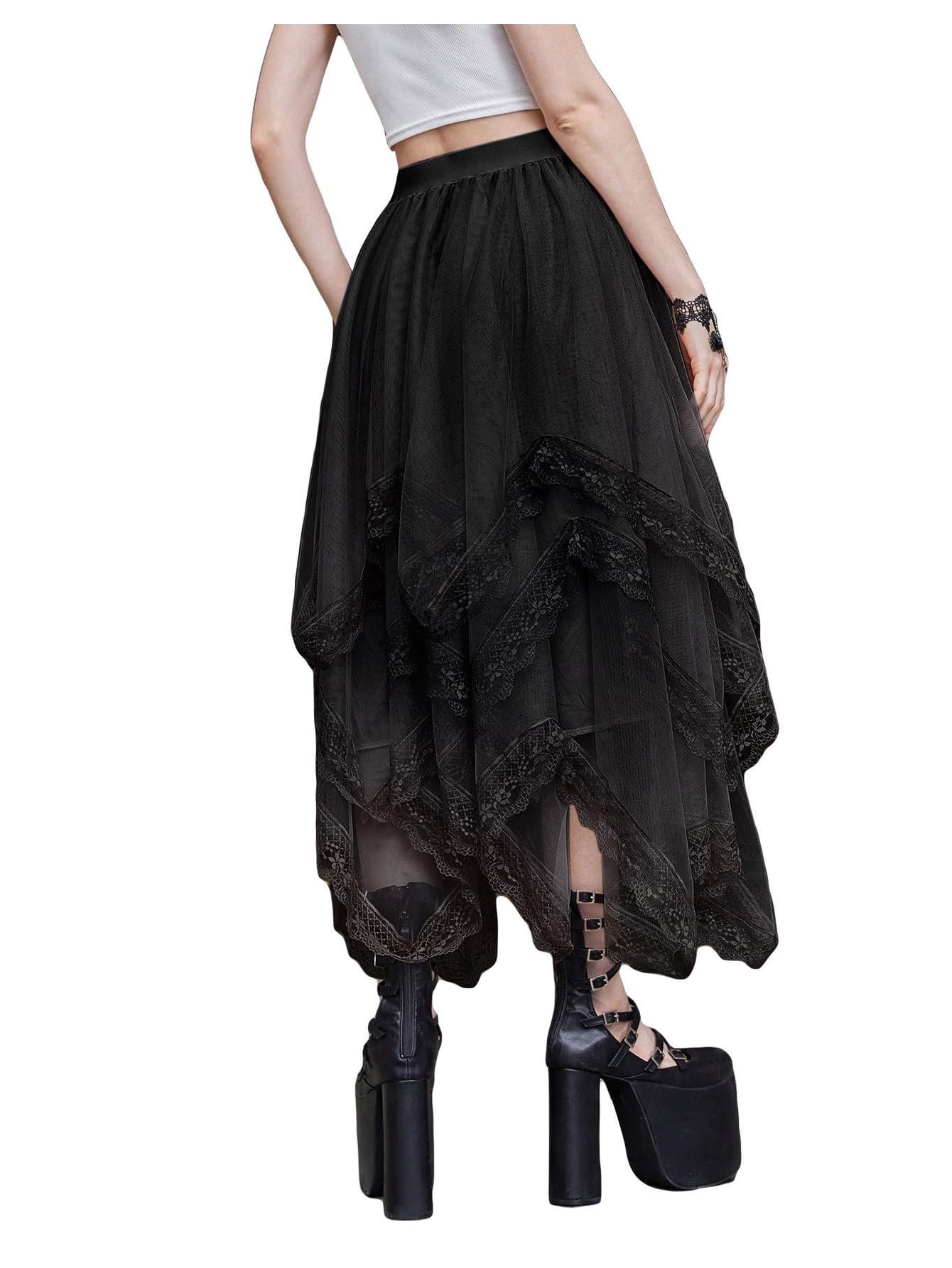 SHENHE Women's Lace Trim Layered Mesh Tulle Skirt High Waist Asymmetrical Long Goth Skirt