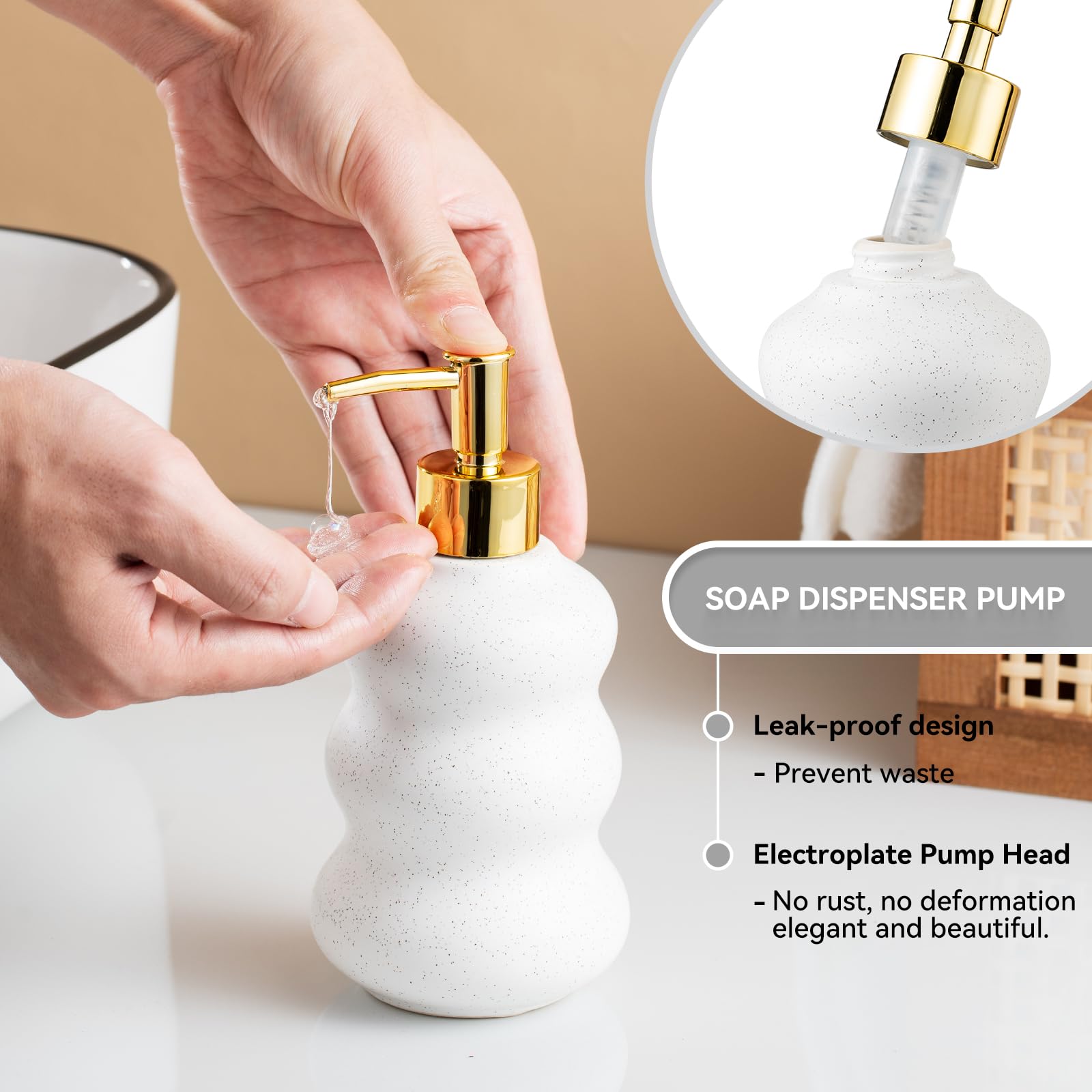 Silver Bathroom Accessory Set, 3-Piece Ceramic Bath Accessories Set with Tray, Lotion Dispenser, and Tumbler: Beige