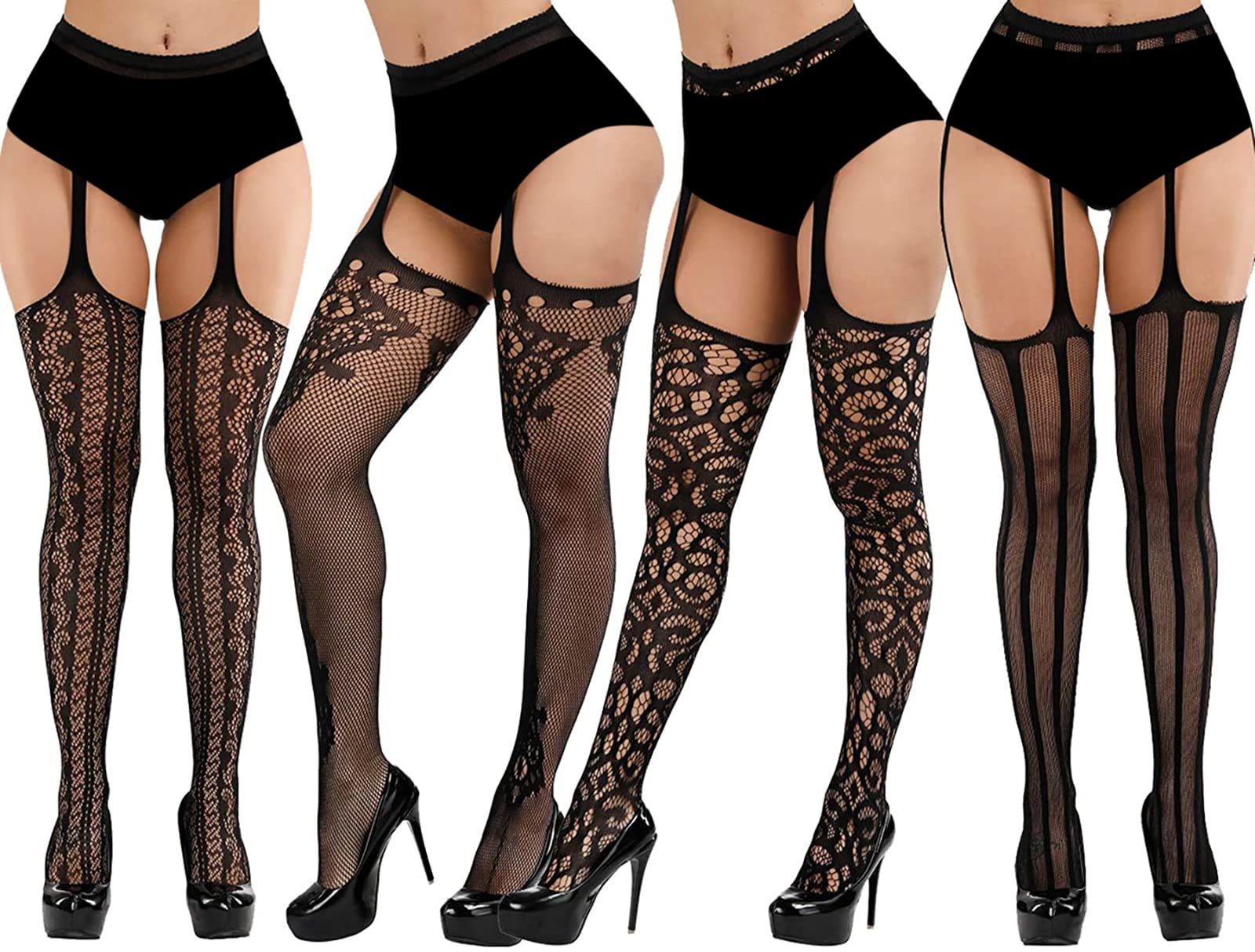 iCamter Plus Size Fishnet Stockings, Black Fishnet Tights Thigh High Stockings Suspender Pantyhose: One Size Black Style 2 (4 Pack)