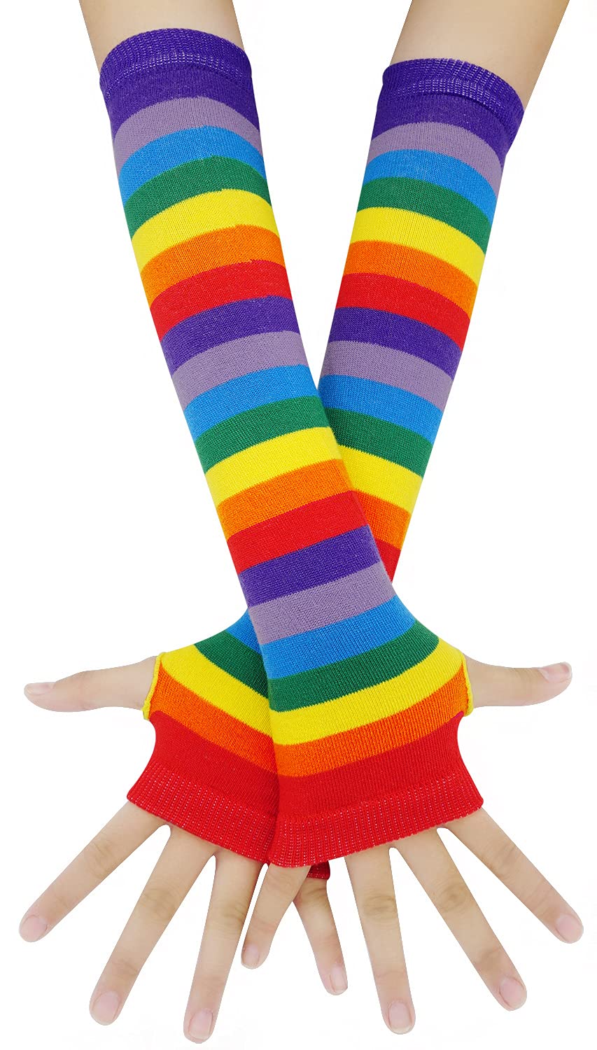 Bienvenu Womens Socks Striped Knee High Socks Arm Warmer Fingerless Gloves Set: Rainbow