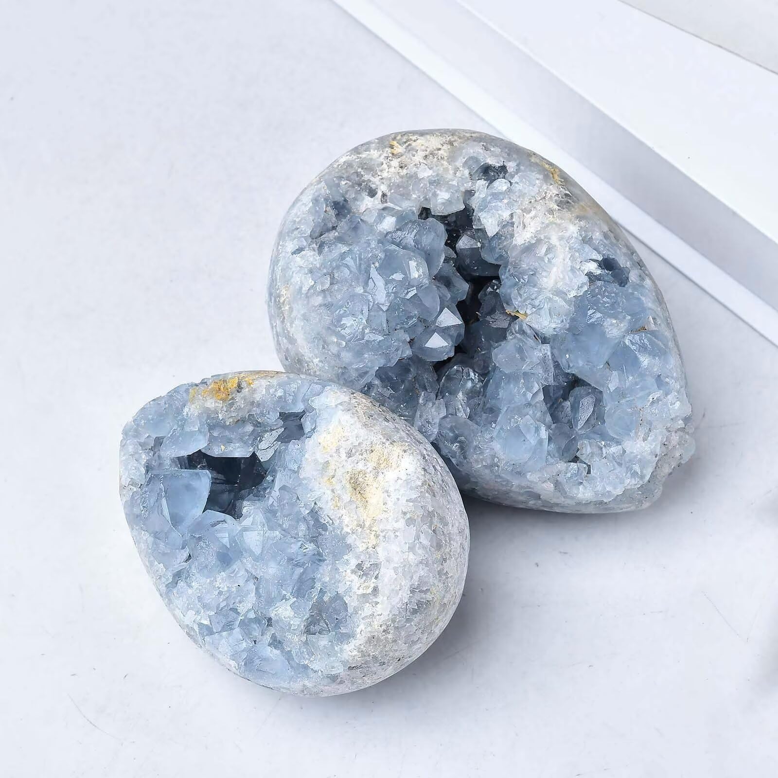 FZBHRO Natural Blue Celestite Geode Egg Healing Crystal Stone Collection Mineral Specimen with Stand Home Office Decor 6.6-7.7 Pounds: Light Blue 0.8-1.3 Pound