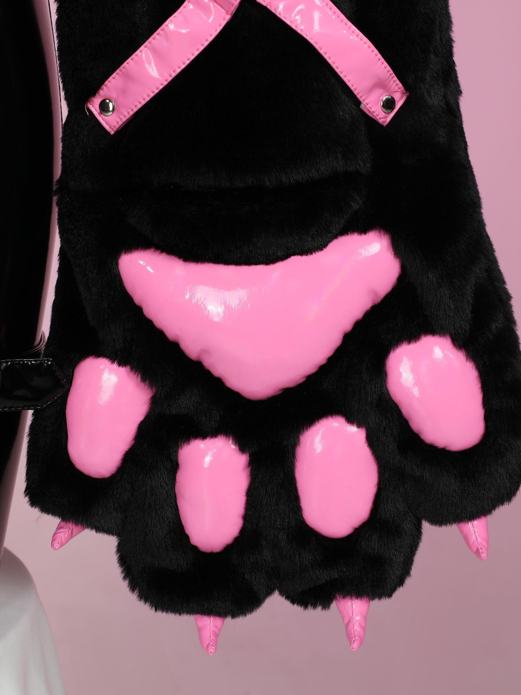 Mobbunny PU Leather Jumpsuit for Women V-neck Tight Bodysuit and Plush Hoodie with Furry Paw Gloves Party Club Halloween: Small
