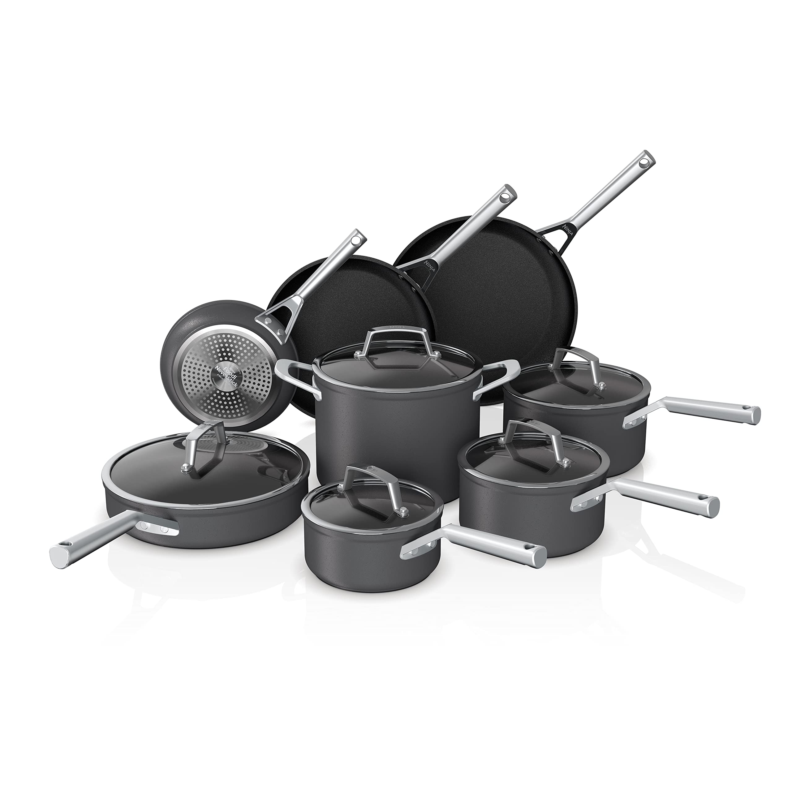 Ninja Cookware, Ninja NeverStick Professional, 16-Piece Pots and Pans Set, Non Stick Frying Pans, Kitchen Essentials, Stock Pot, Sauce Pan, Glass Lids, Saute Pan, All Stovetops, Black, C39900: 13pc set