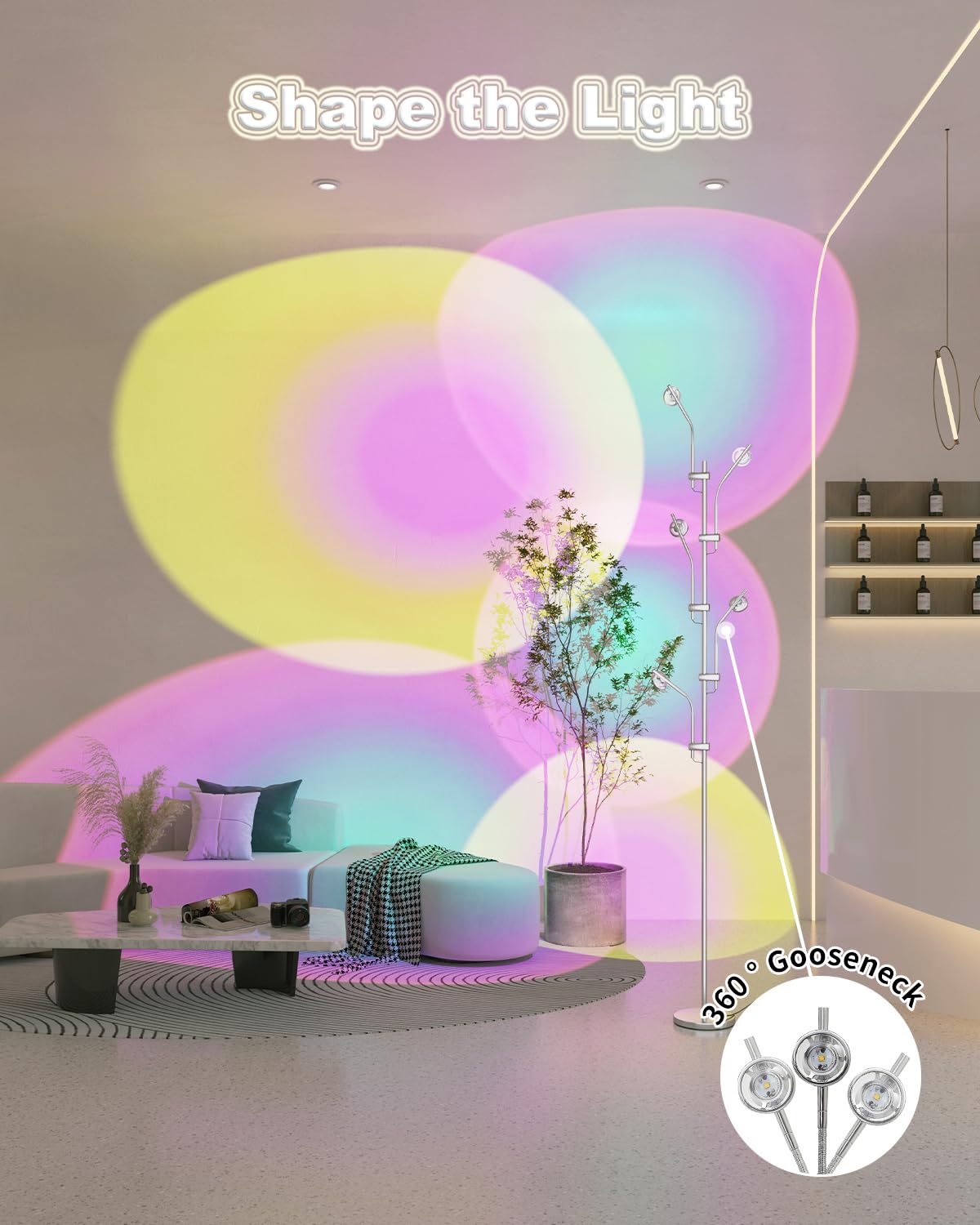 TACAHE RGBW Halo Projector Floor Lamp - 4000K LED with Replaceable Color Filters - Light and Shadow Mood Light - Multi-Head Ambient Decor Lighting for Bedroom, Living Room - 73" - 12W - Chrome thumbnail 4
