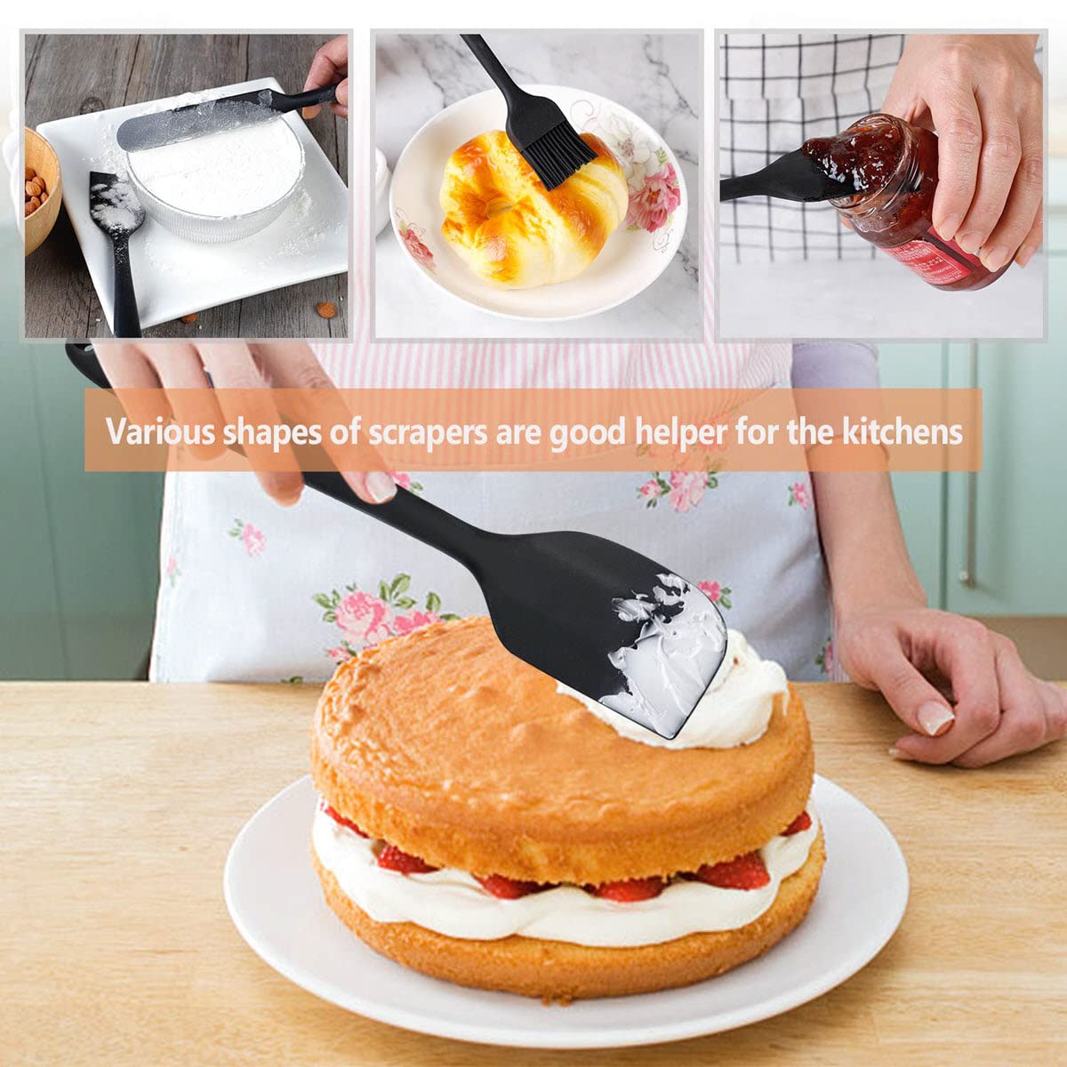 SILCONY Set of 4 Pure Silicone Spatulas Spoon Pastry Basting Brush Heat Resistant (11"-8.4") (4, Spatula Set - ): Black
