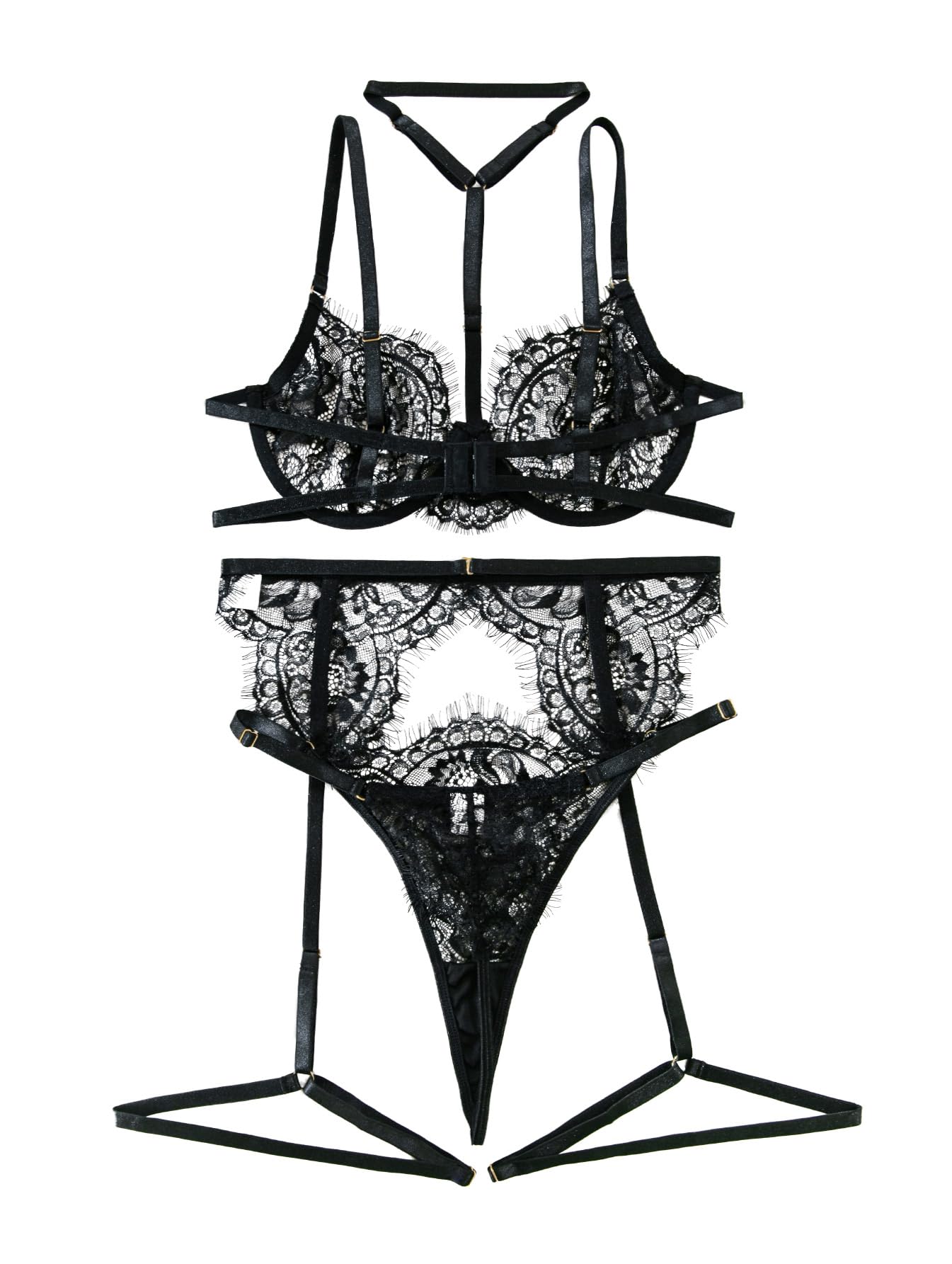 Lilosy Sexy Choker Floral Lace Underwire Push Up Garter Belt Lingerie Set for Women Sheer Bra and Panty 3 Piece: Small Eyelash Black