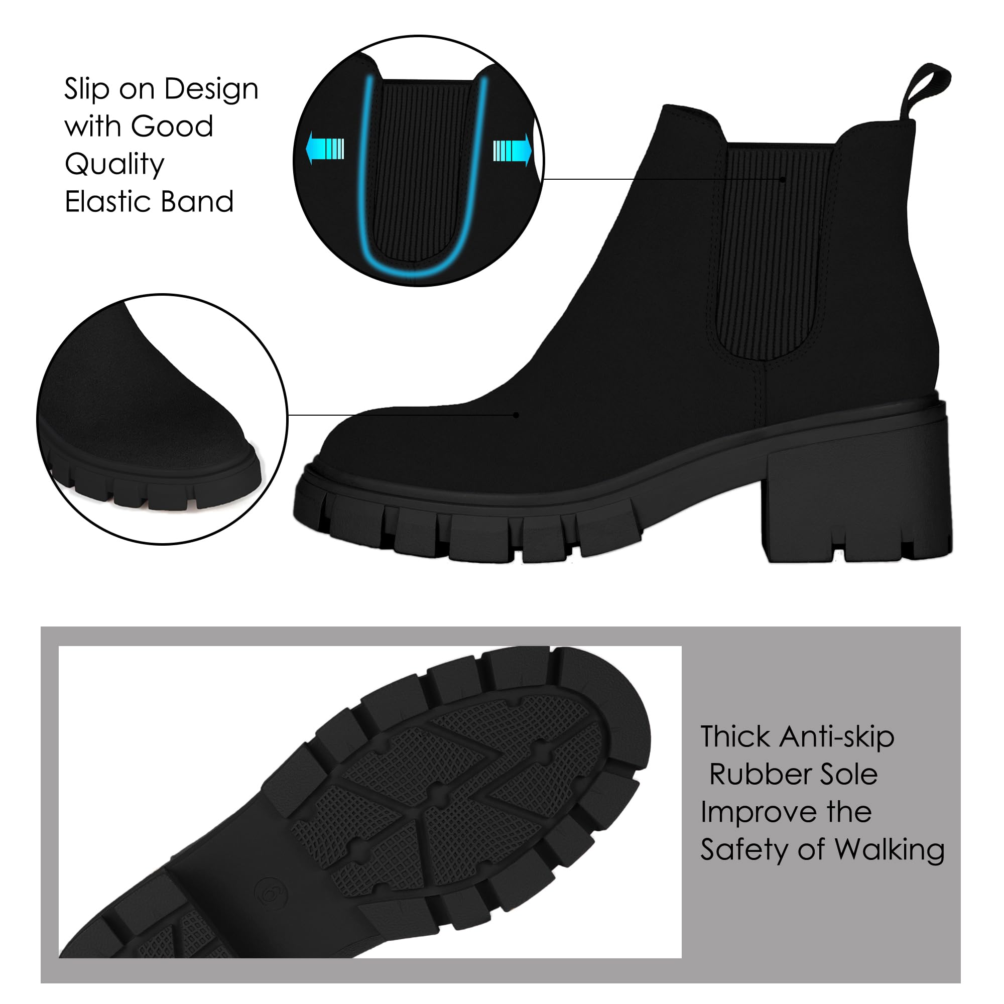 Athlefit Women's Chelsea Boots Fashion Lug Sole Chunky Heel Slip on Elastic Ankle Booties thumbnail 4