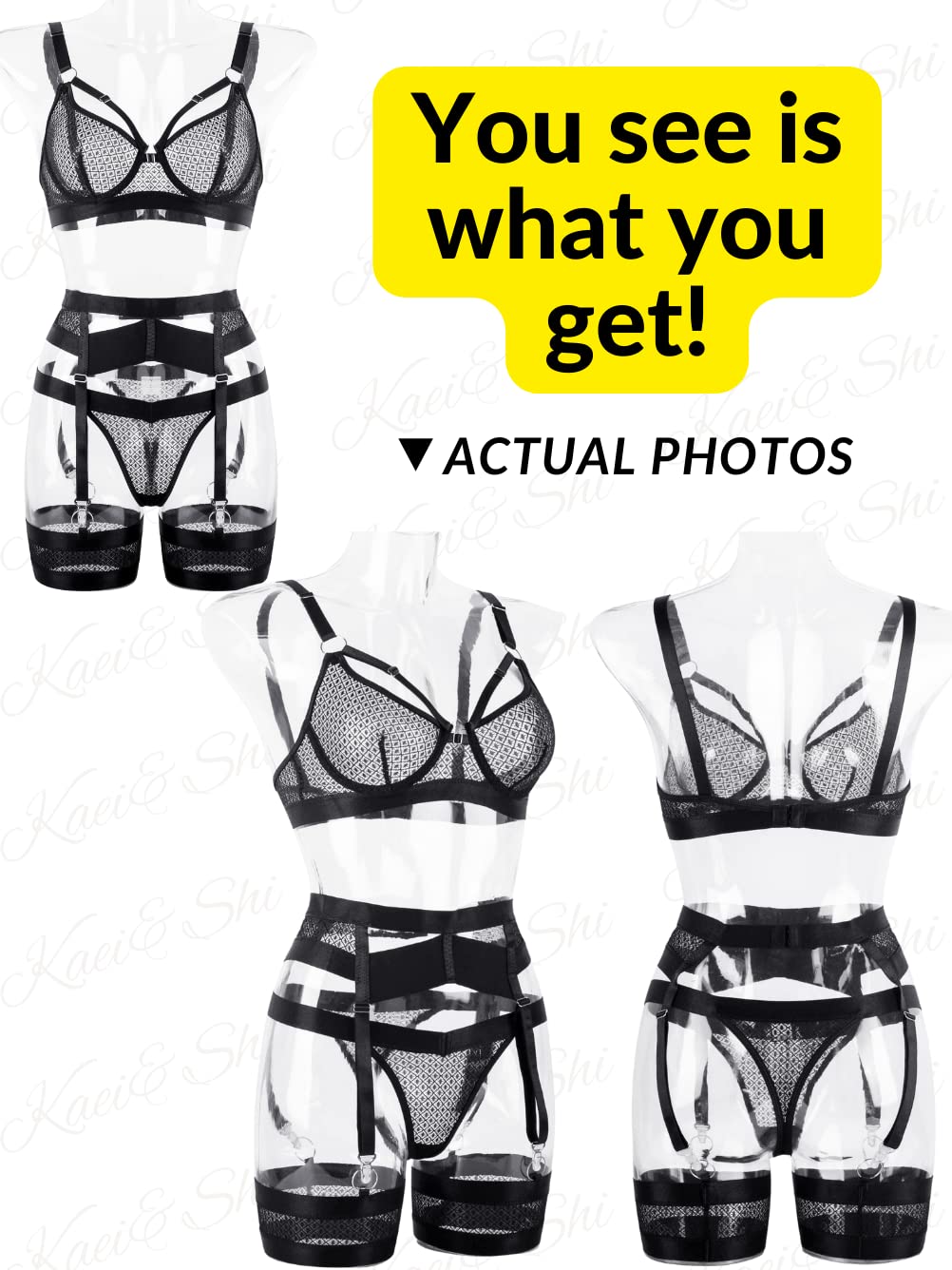 Garter Lingerie for Women,Sexy Lace Lingerie,Sheer Matching 4 Piece Lingerie Set: 16 Black Fishnet