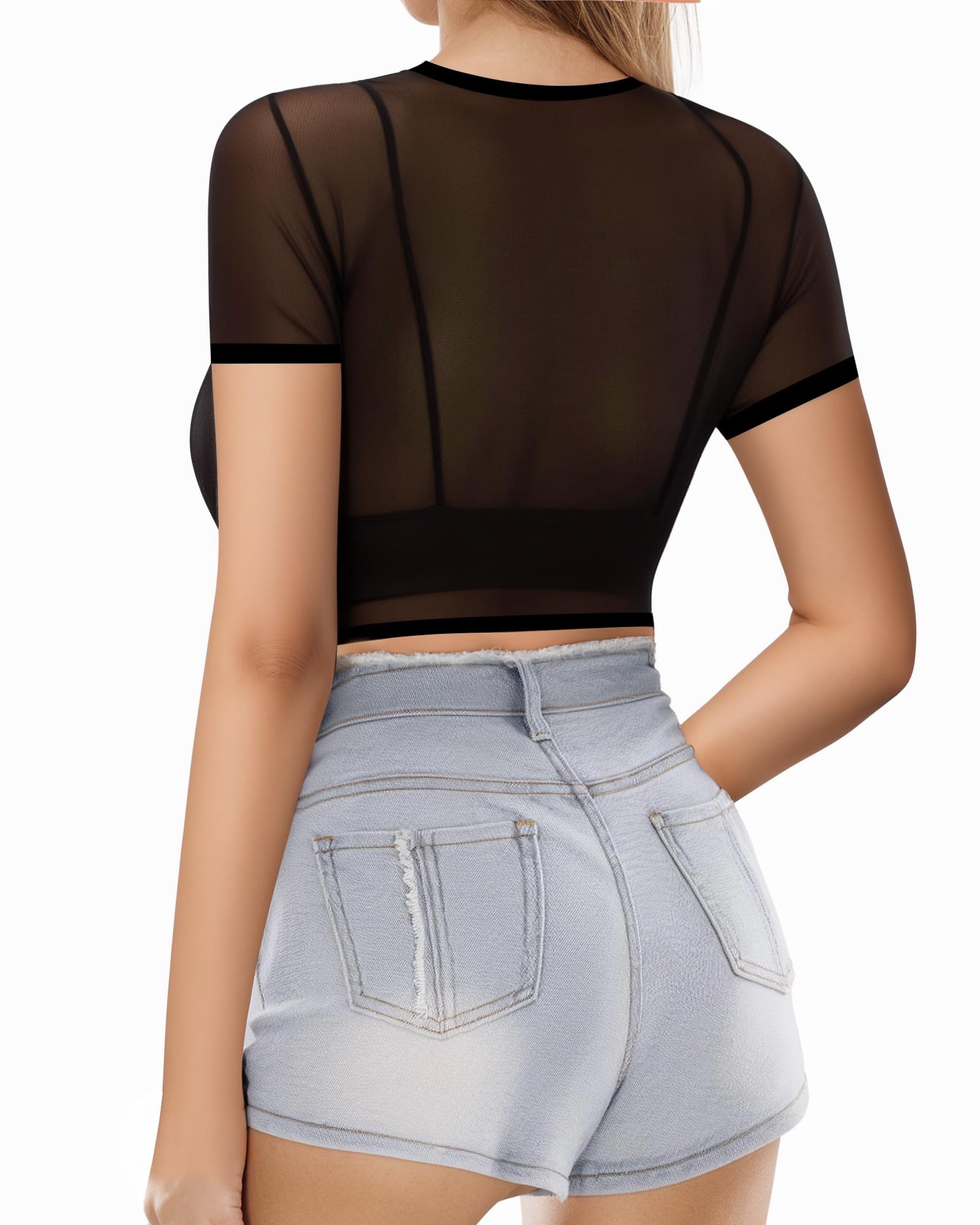 MANGOPOP Women's Short Sleeve Long Sleeve Sheer Mesh Crop Tops Tee Shirt Blouse