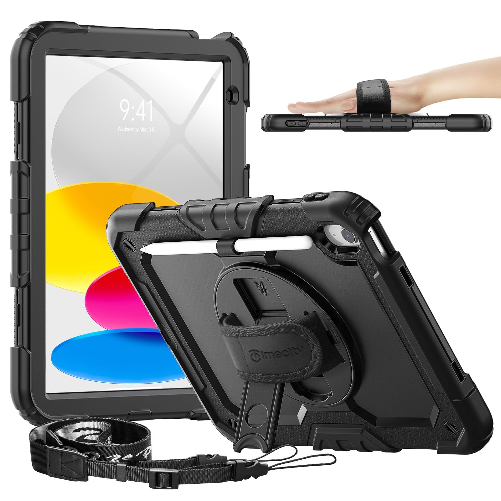 timecity for iPad (A16) 11th/ 10th Generation Case 11''/ 10.9 Inch (2025/2022) - Heavy Duty Protective Cover with Screen Protector, Stand, Shoulder Strap & Pencil Holder | Kids-Friendly - Black